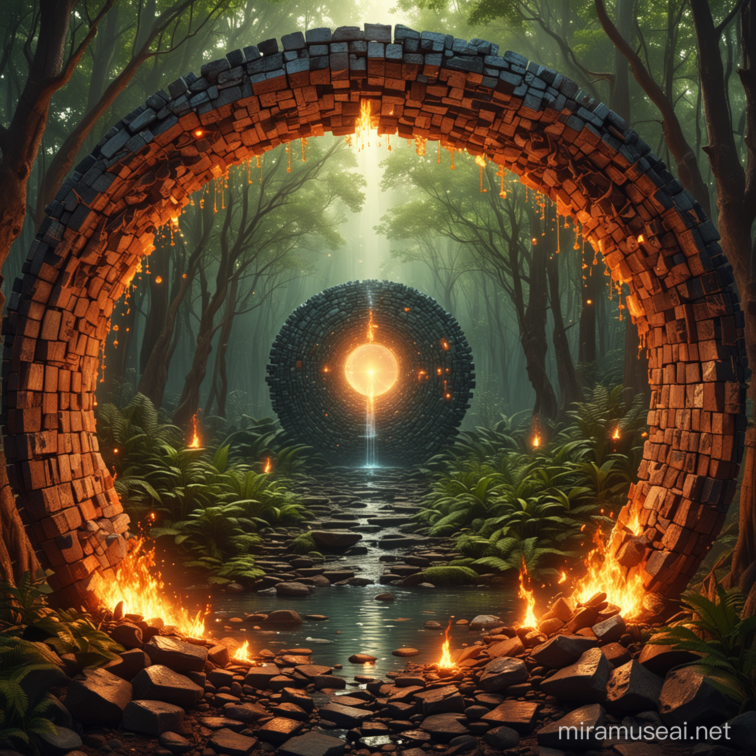Mundo visionário psicodélico com formas geométricas de tijolos 3D mais detalhadas, movimentos de floresta, lâmpada de chama, movimentos de lagarto, túnel, rosto pequeno xamânico mesclado com queda de água. Círculo de fogo.