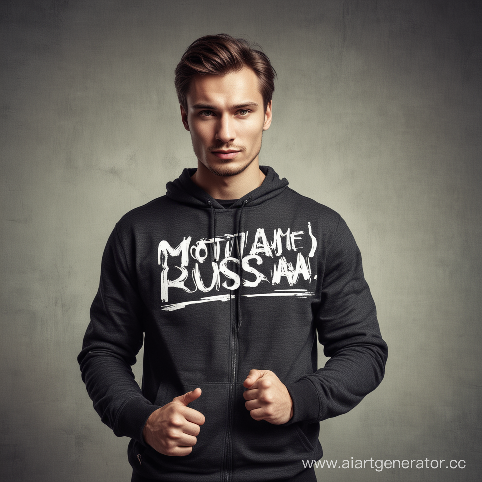 Сделай мотивационную фотографию крутого человека с надписью Motivanti Russia
