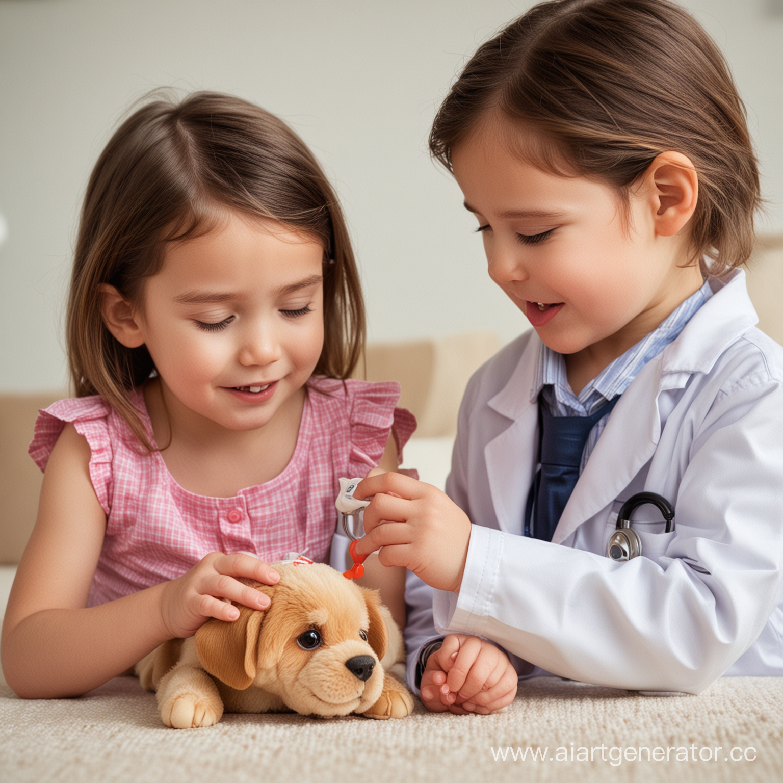 photography, playing veterinarian, doctor one child listening to the heartbeat of a pet toy
