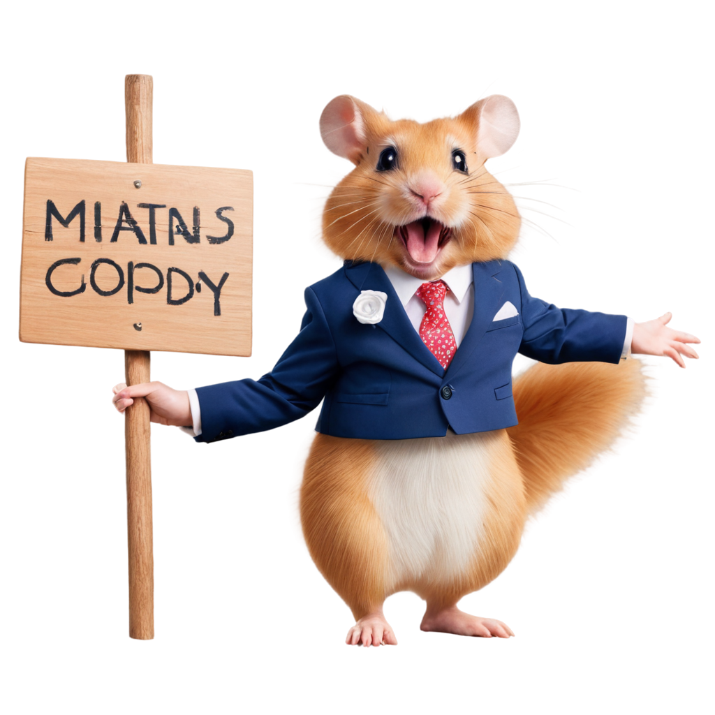  photography of a laughing hamster, dressed in a suit, with huge ears disproportionately large in relation to the body, stands next to a beautiful wooden sign, expressively and confidently leaning on the inscription, colorful, realistic