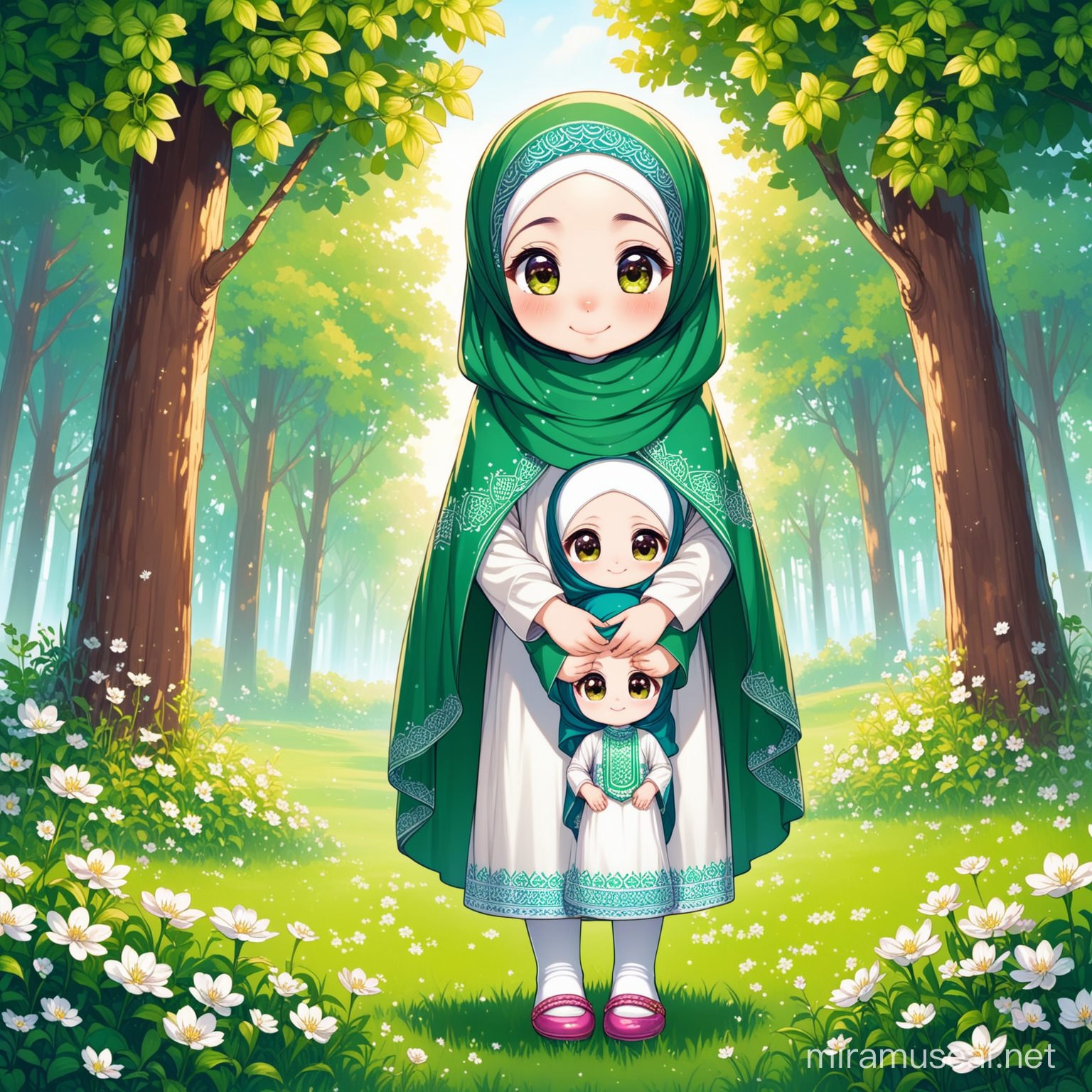Character Persian little girl(full height, Muslim, with emphasis no hair out of veil(Hijab), smaller eyes, bigger nose, white skin, cute, smiling, wearing socks, clothes full of Persian designs) regarding father politely.

Atmosphere forest, grass flowers