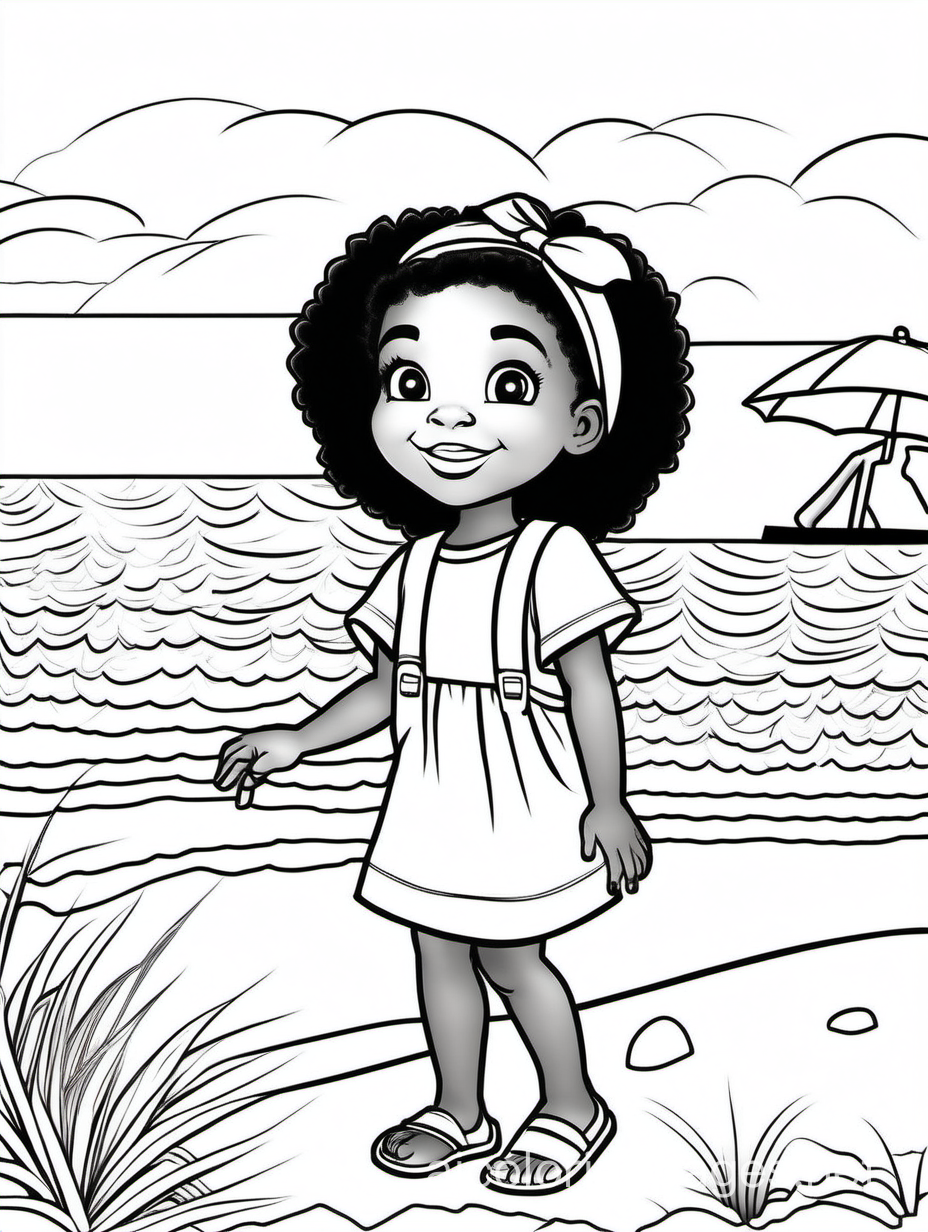 A little black girl enjoys a day at the beach, Coloring Page, black and white, line art, white background, Simplicity, Ample White Space. The background of the coloring page is plain white to make it easy for young children to color within the lines. The outlines of all the subjects are easy to distinguish, making it simple for kids to color without too much difficulty