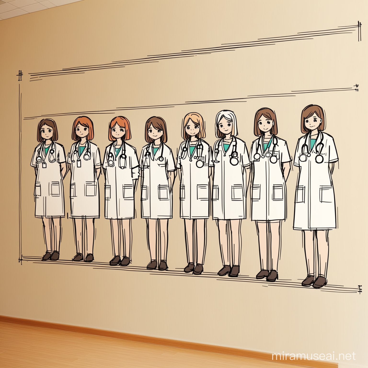 На стене рисунок . Група женщин врачей польки. Нарисовано простими линиями . Даже ребёнок сможет перерисовать . Очень простой и приятный рисунок . Цвета ни яркие 