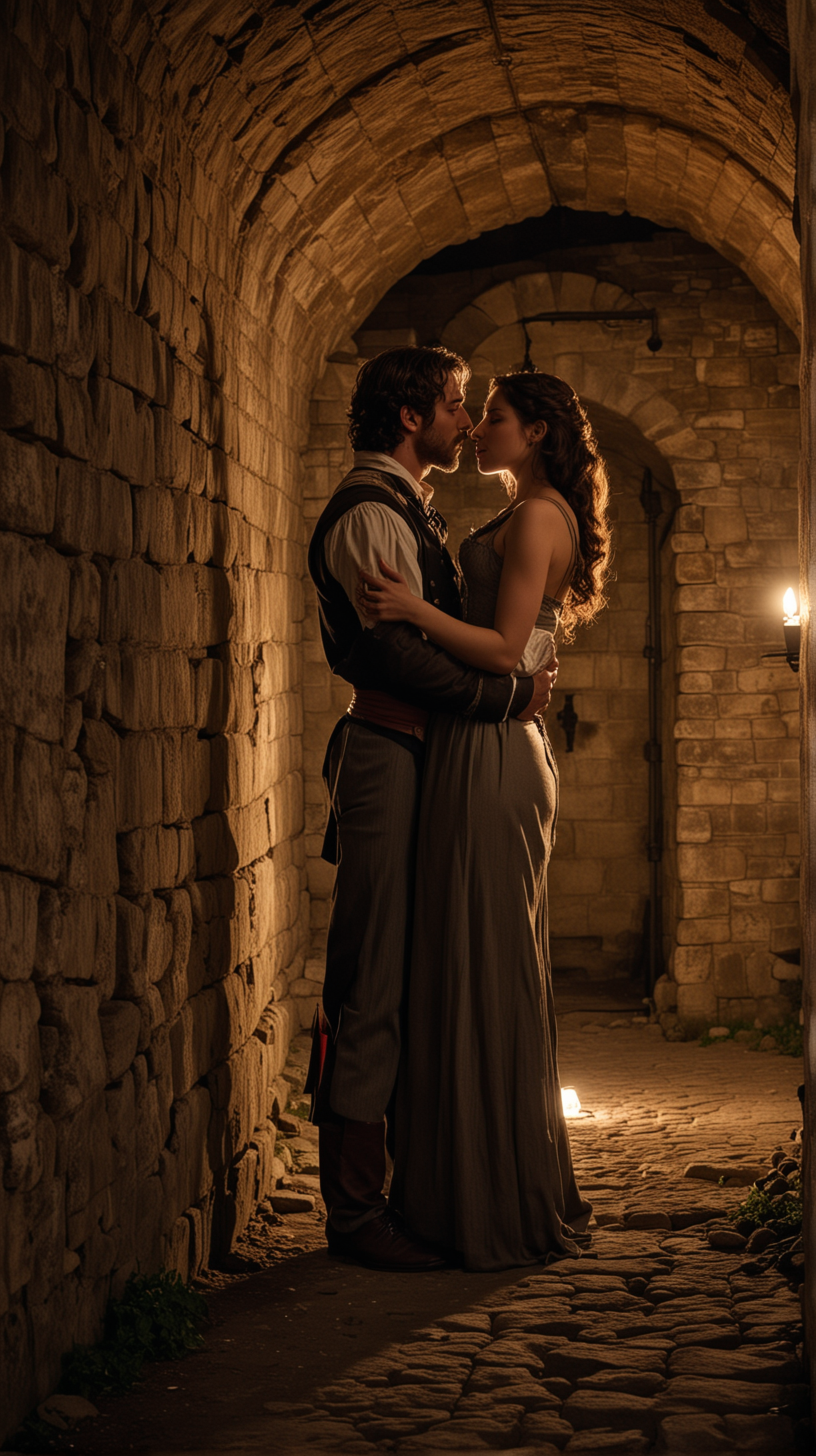 In an 18th-century European underground dungeon, a scene unfolds where a well-dressed woman and a man engage in a consensual, intimate moment. She kisses the man with affection, as they stand amidst the historical setting of stone walls and dim torchlight. The atmosphere is one of mutual respect and intrigue, capturing a moment of private connection in a bygone era.