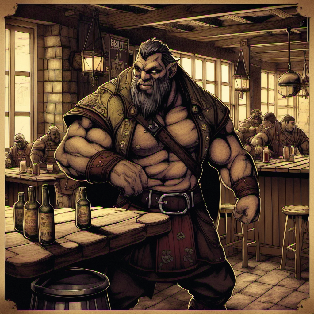 Strong Man Enjoying Revelry at a Rustic Tavern