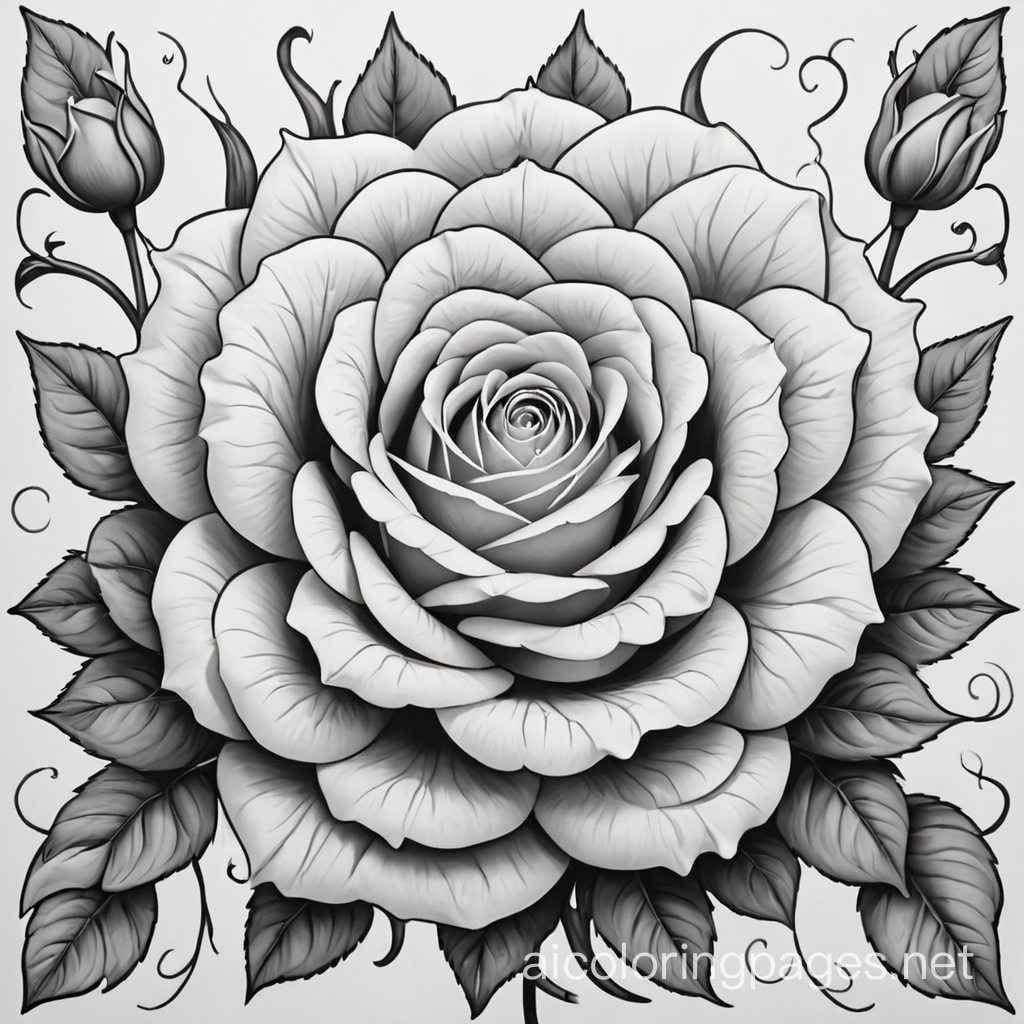 symmetrical rose pattern, 4 roses in pattern, high contrast, white background, Coloring Page, black and white, line art, white background, Simplicity, Ample White Space. The background of the coloring page is plain white to make it easy for young children to color within the lines. The outlines of all the subjects are easy to distinguish, making it simple for kids to color without too much difficulty