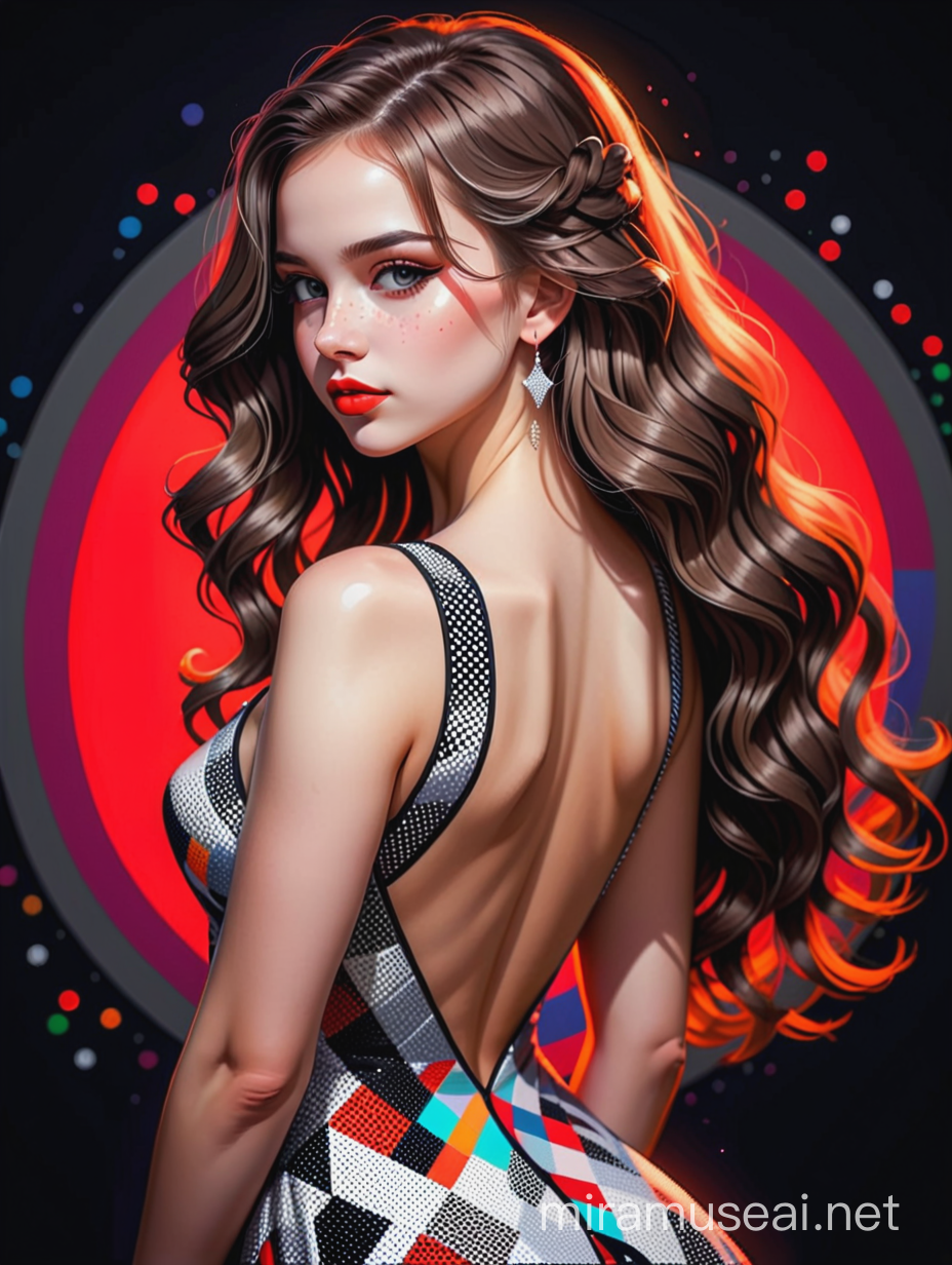 Pixel art,AiVision, portrait of a beautiful girl with full body,  long hair, she is wearing  dress Exposed back, full red lips, gray eyes, pop art, entirely made of dots of different sizes, neon colors , the background consists of overlapping geometric shapes , black and white