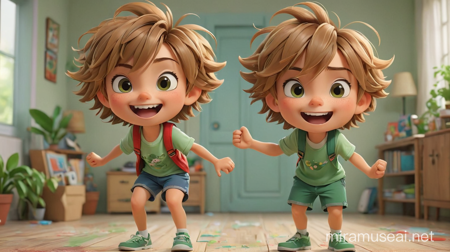  little cute boy character and smillin woman character celebrate, home background, multiple poses and expressions, cute 5 year old boy, blue- green shorts, green rubbers with white laces, blond-brown messy hair,  35 -year -old woman , brown messy hair, red dress ,flat color, in the style of chibi, detailed - iar 16:9