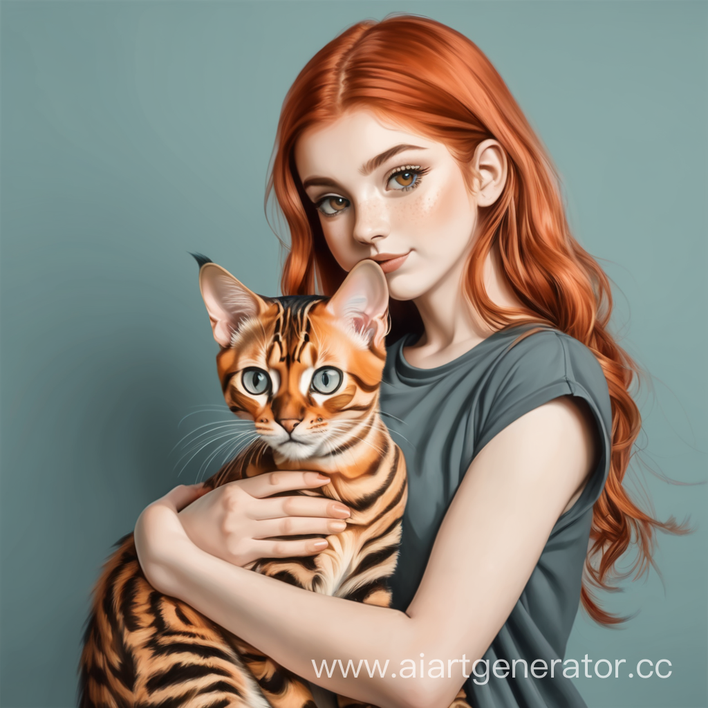 Рыжая девушка с серыми глазами держит на руках кошку бенгальской породы