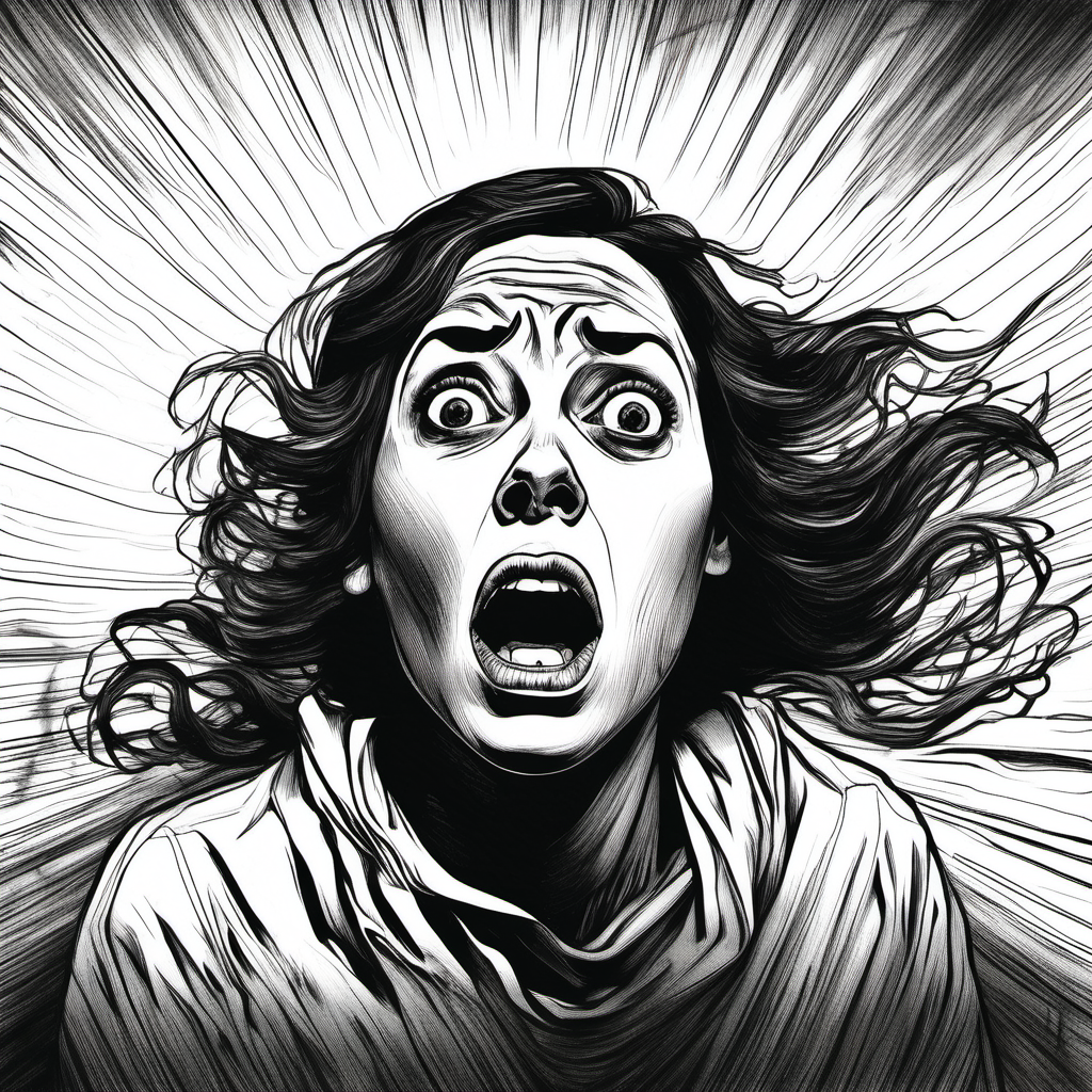 black and white drawing of frightened woman with white background