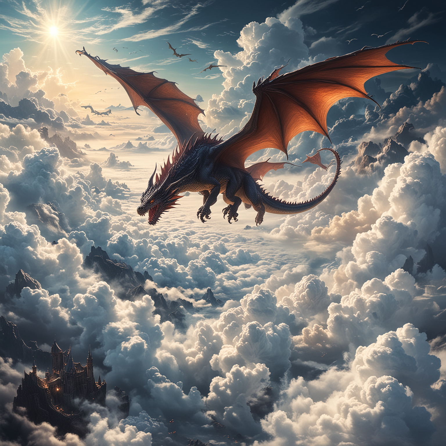 Majestic Dragon Soaring Above Clouds