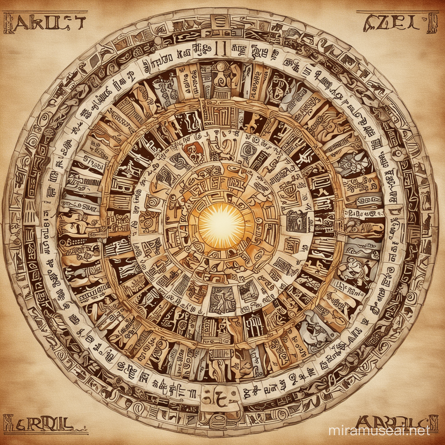 zodiac signs wheel with april  calender 
aztec border border 
sun on middle
