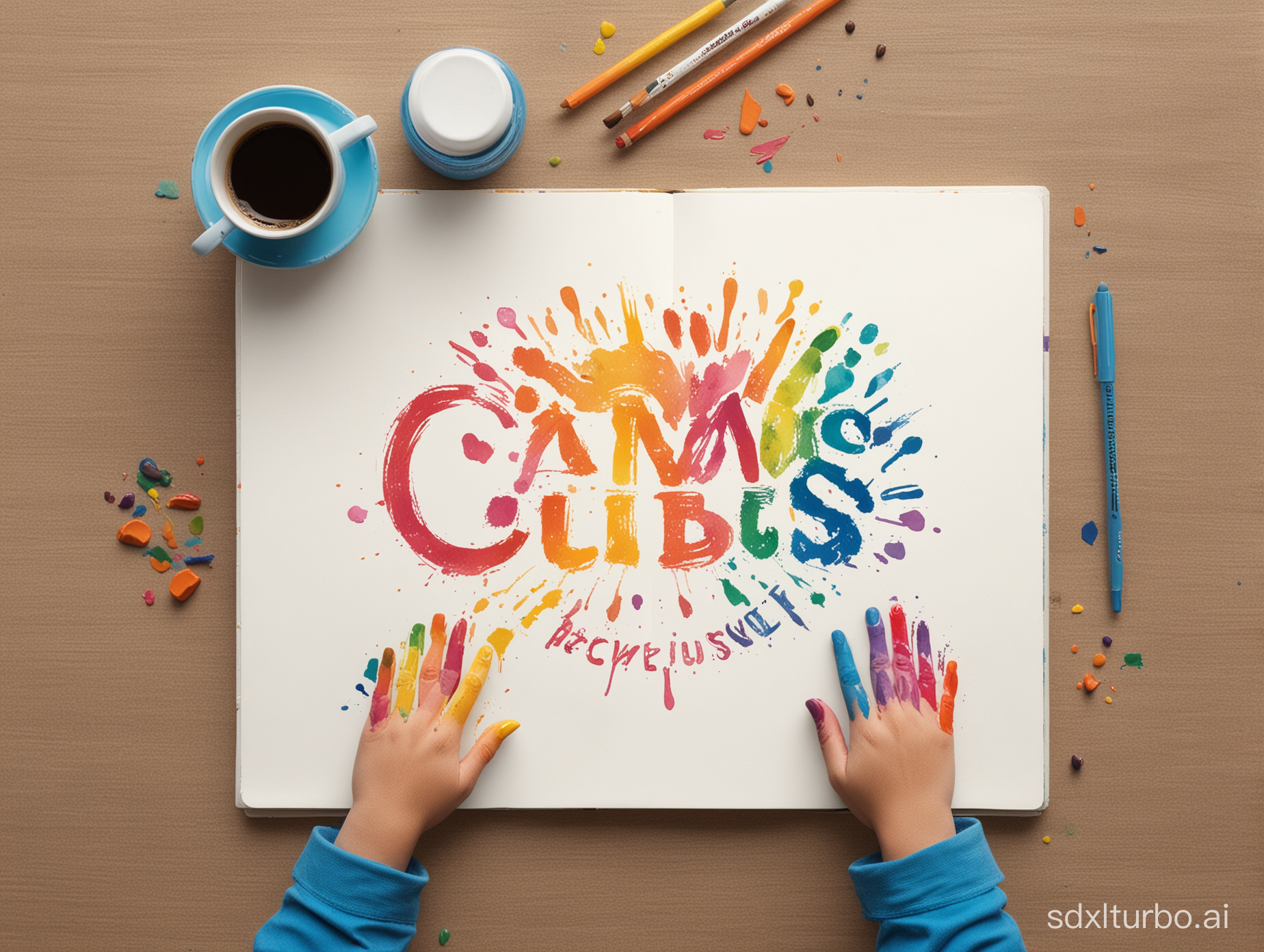 Create a vibrant and engaging logo for Canvas Cubs, a company specializing in digitizing children's artwork and transforming them into cherished coffee table books. The logo should feature a colorful graphic depicting a young child with hands raised, displaying paint or color on their palms, and wearing a bright smile. Incorporate the "Canvas Cubs" text in a playful and appealing font, seamlessly blending with the imagery. Capture the essence of creativity, joy, and innocence in the design to resonate with the target audience of parents and families.