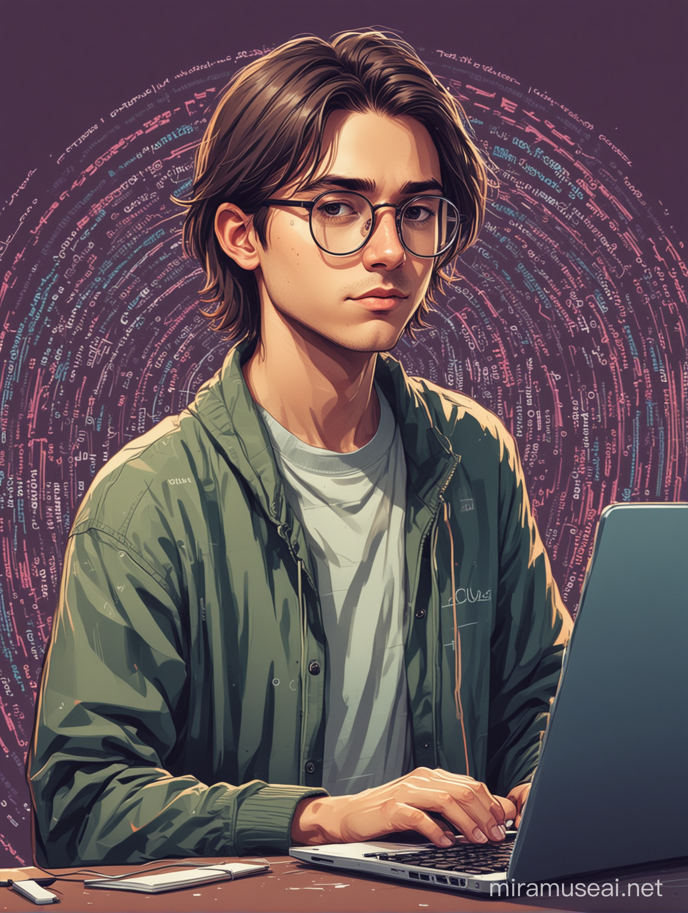 Cartoon Style Ethical Hacker Young Programmer with Circular Glasses and Laptop Surrounded by Code