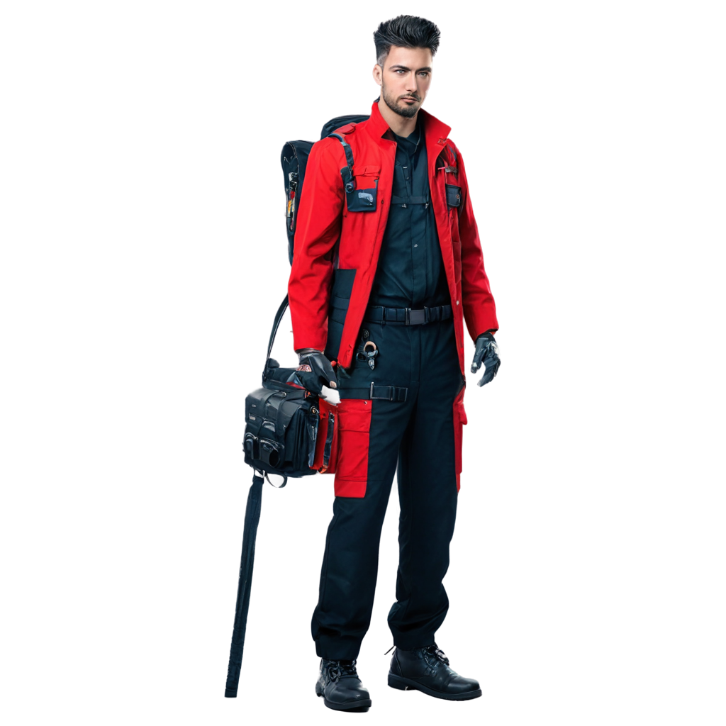 apartment repairman in a red and black work suit in cyberpunk style