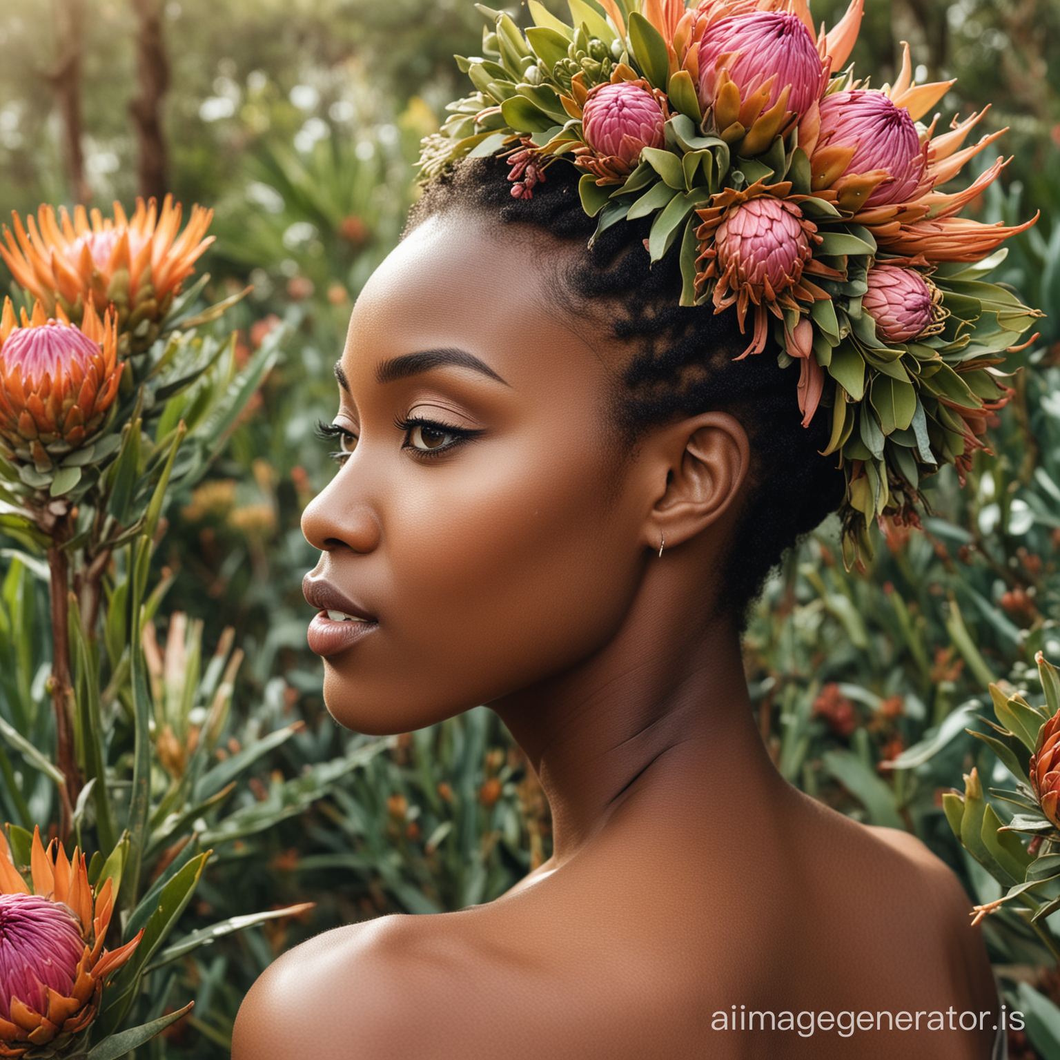 a closeup side profile of a beautiful african women who looks like a forest nymph who is surrounded by proteas and fynbos


