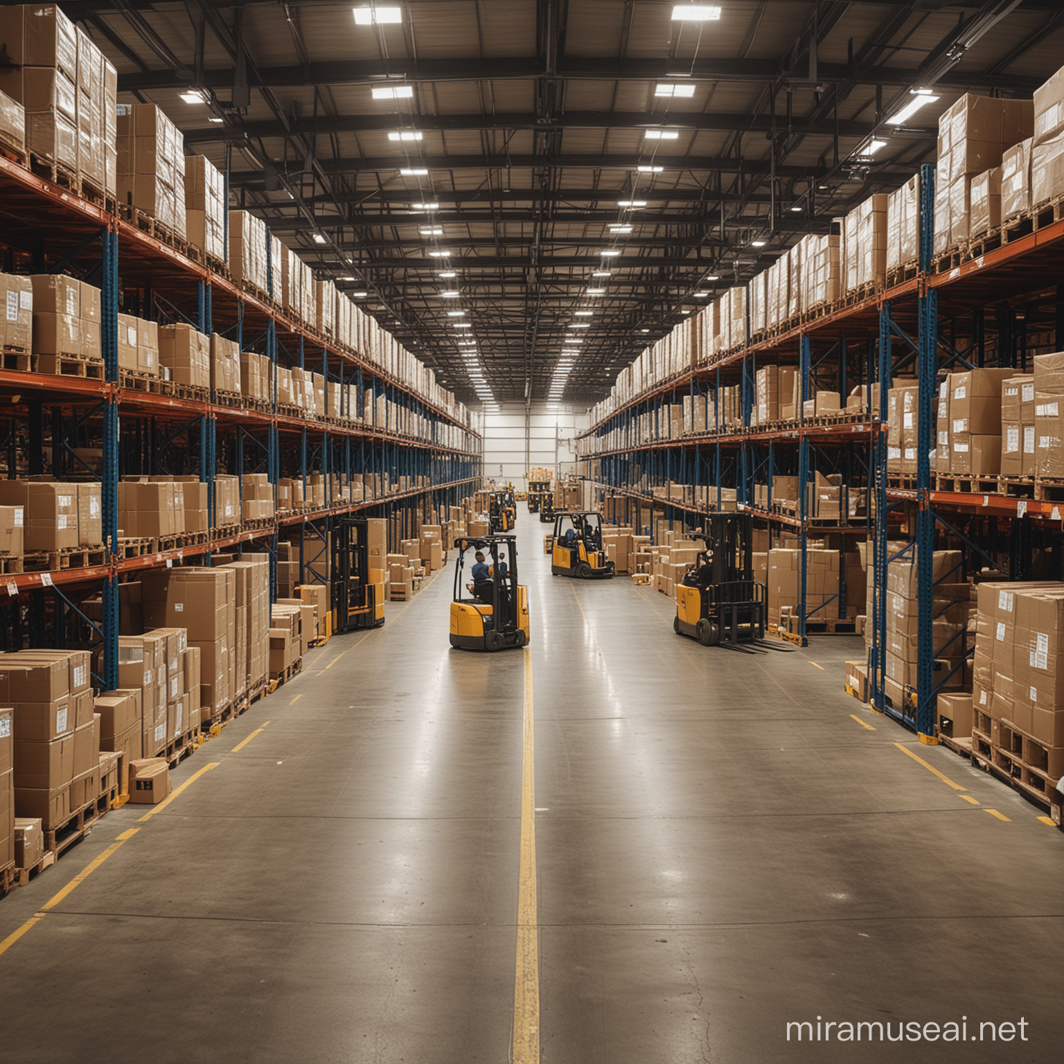 Busy Warehouse Scene with Fork Trucks and Drivers