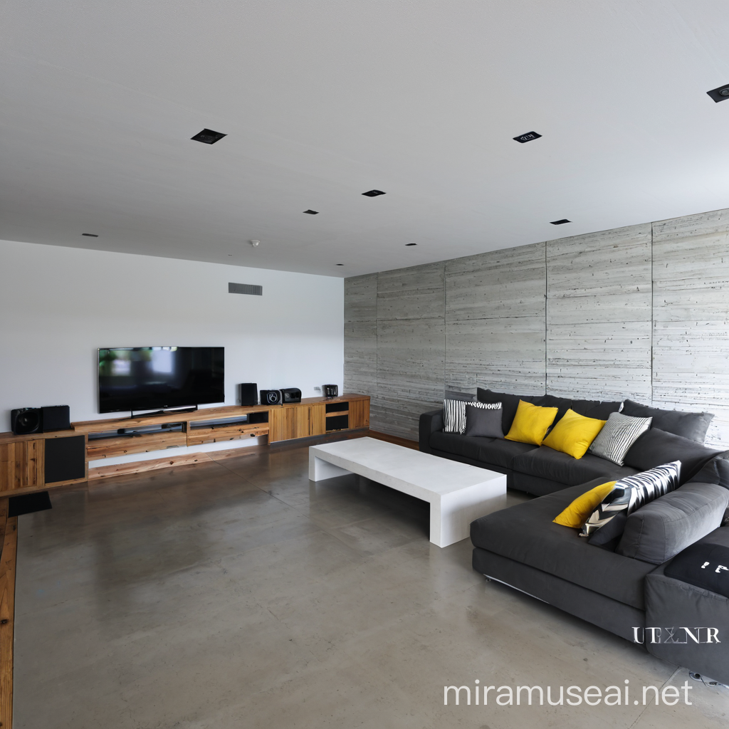 Decorative Wood and Concrete Panels Adorning TV Wall