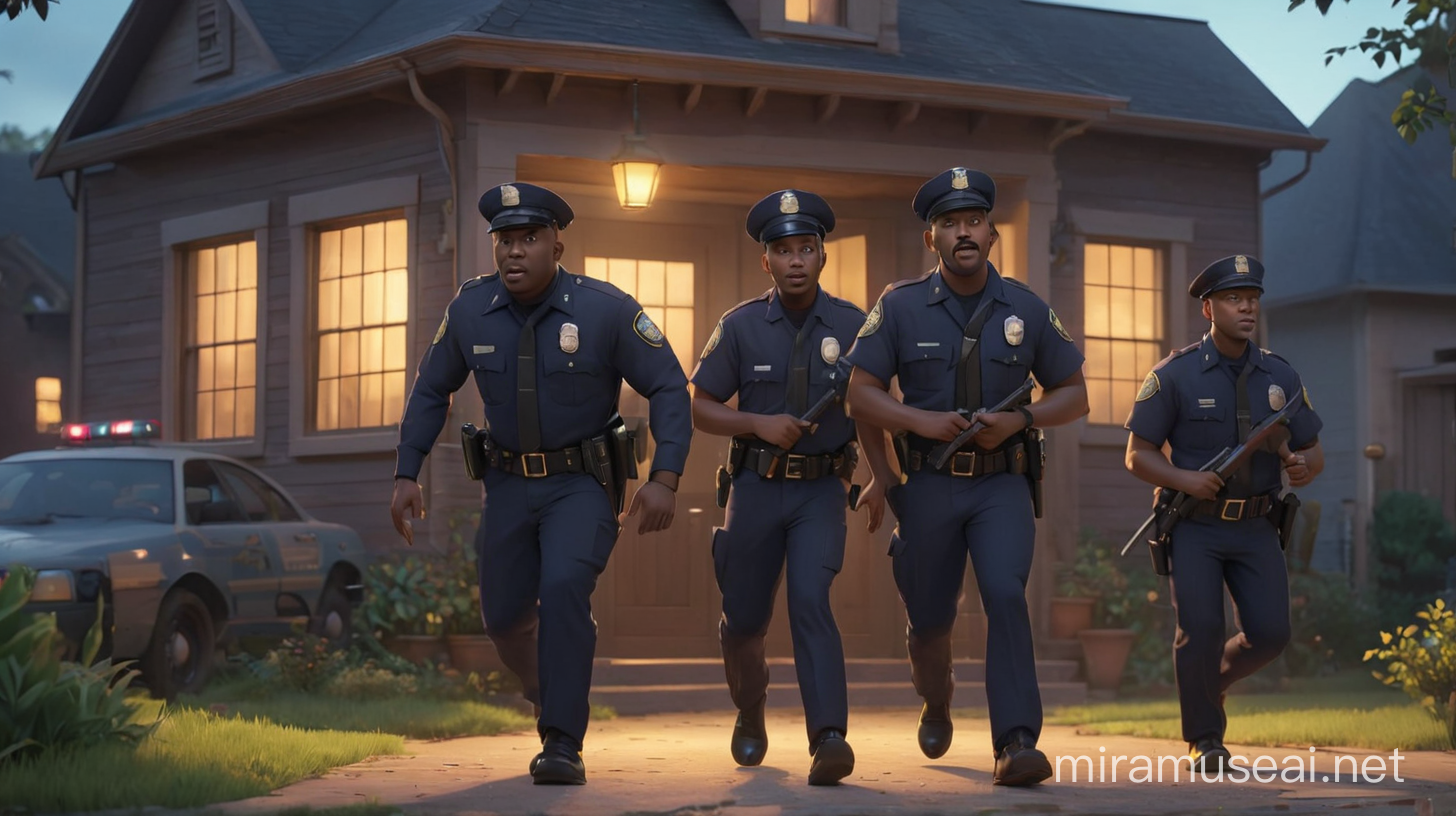 create an image of a few African-American police officers raiding a home and arresting the tenants. Illumination, Disney-Pixar style illustration 3D Animation, 4k