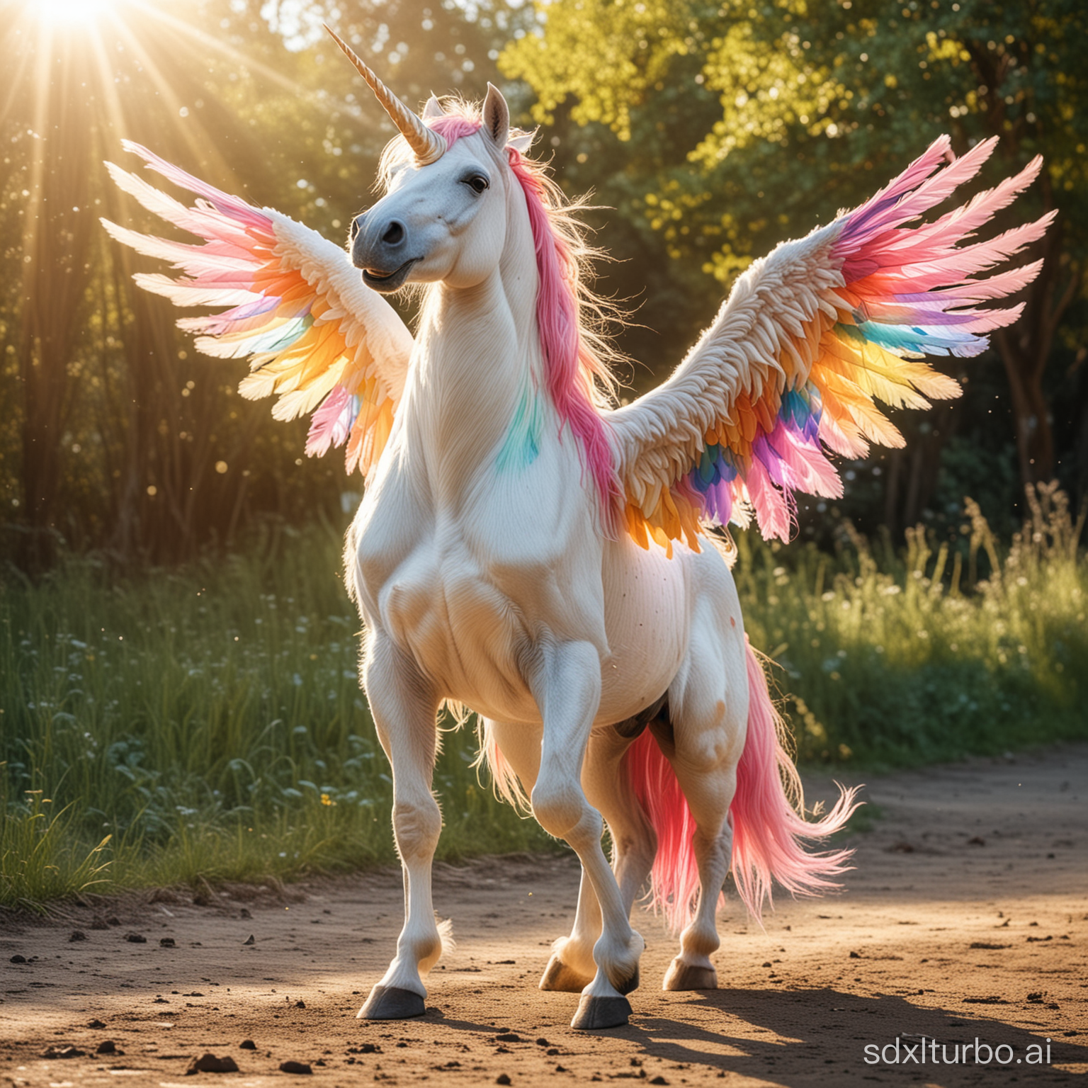 Unicorn with rainbow colors fur and tale in the open air with wings spread out in the bright sun