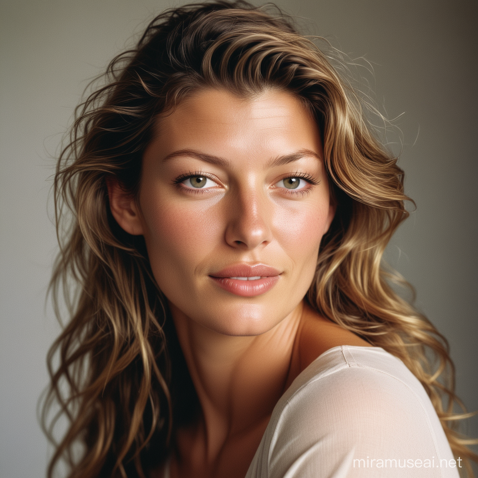 Gisele Bündchen Photo of the most beautiful woman in history, soft smirk, Portra 400