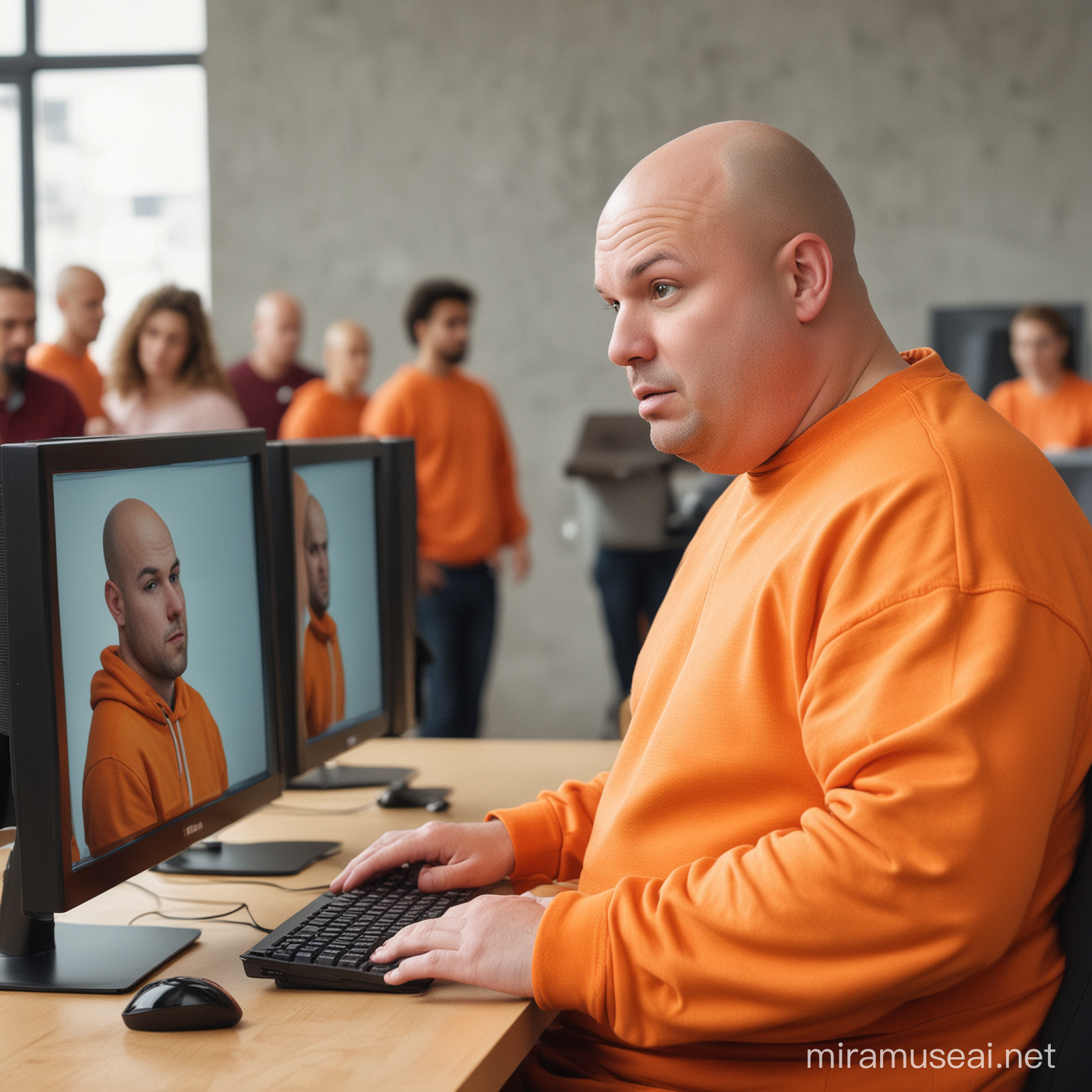 haz a un gordo sin pelo en la cabeza y al frente de un computador con un buso naranja y aparte de eso unas personas saliendo de su computador