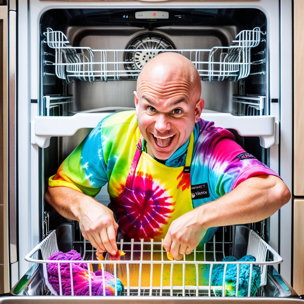 Tie dye chef dave, wearing tie dye, bald, playing in a dishwasher 