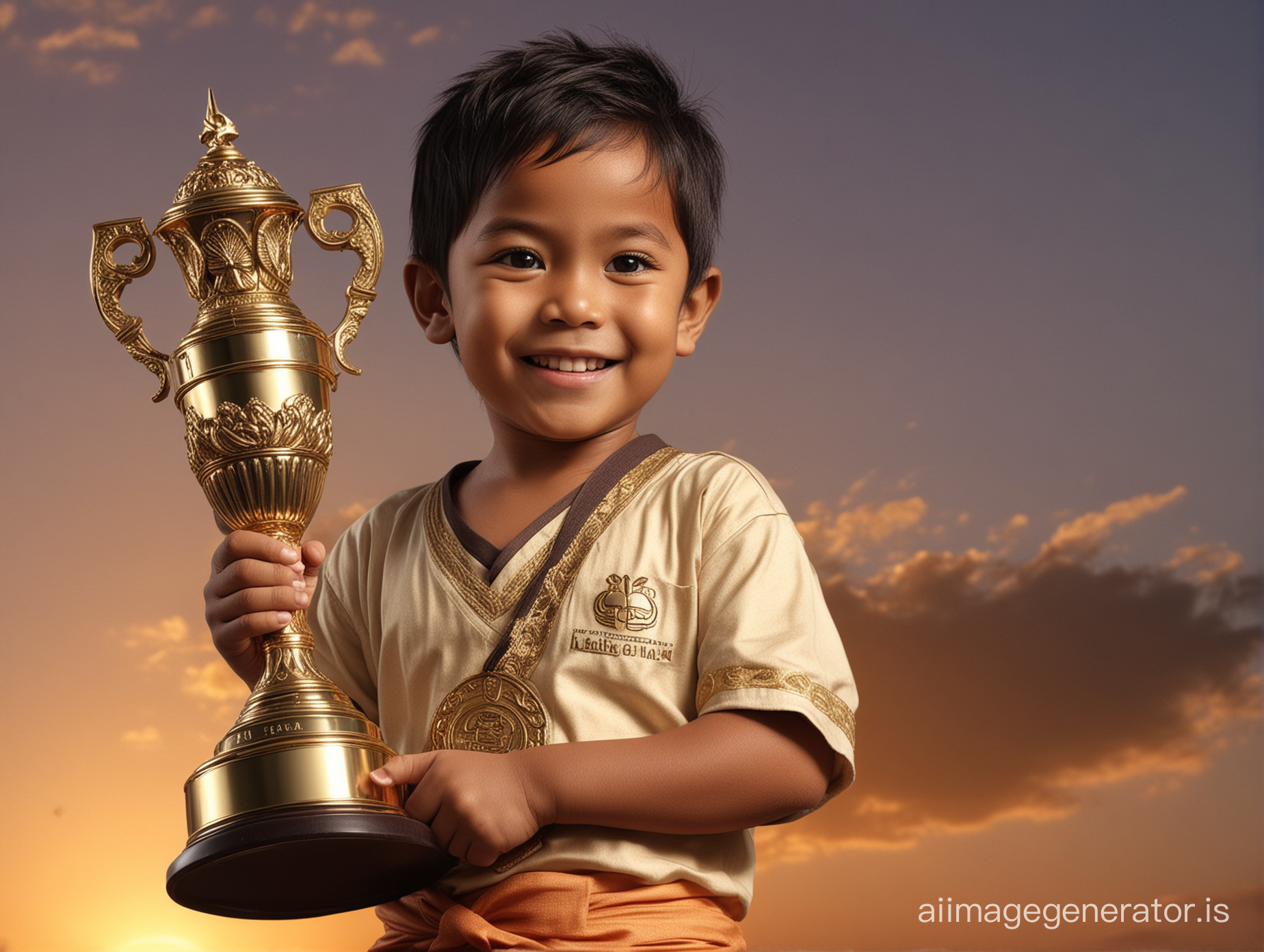 realistic image of a 5 year old Indonesian child, at a height holding a trophy, the trophy says 'kaisar' with a sunset background, ultra hd, super detail, 48k