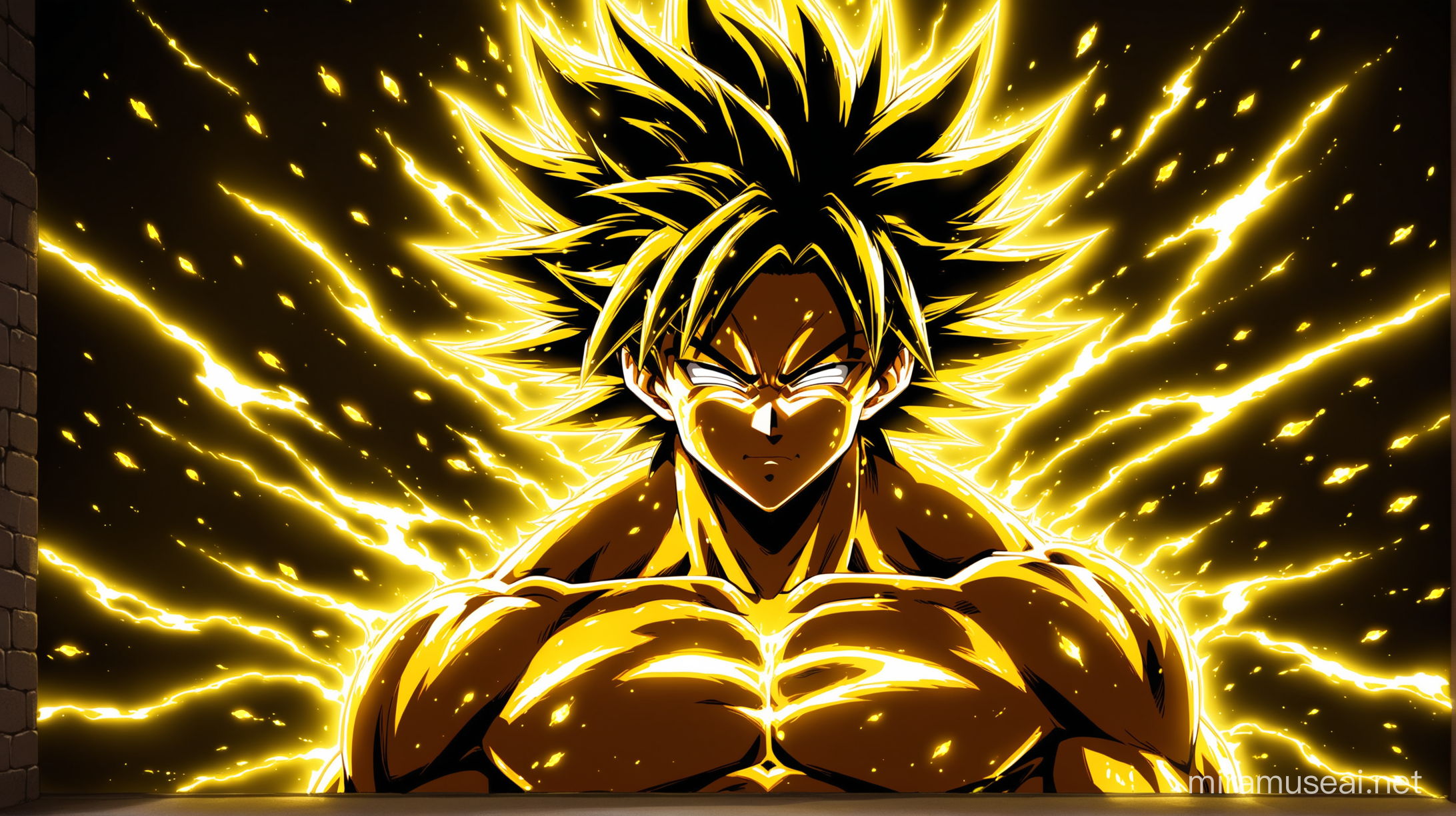 Detailed Front View of Jacked Goku Sleeping in Neon Yellow Aura