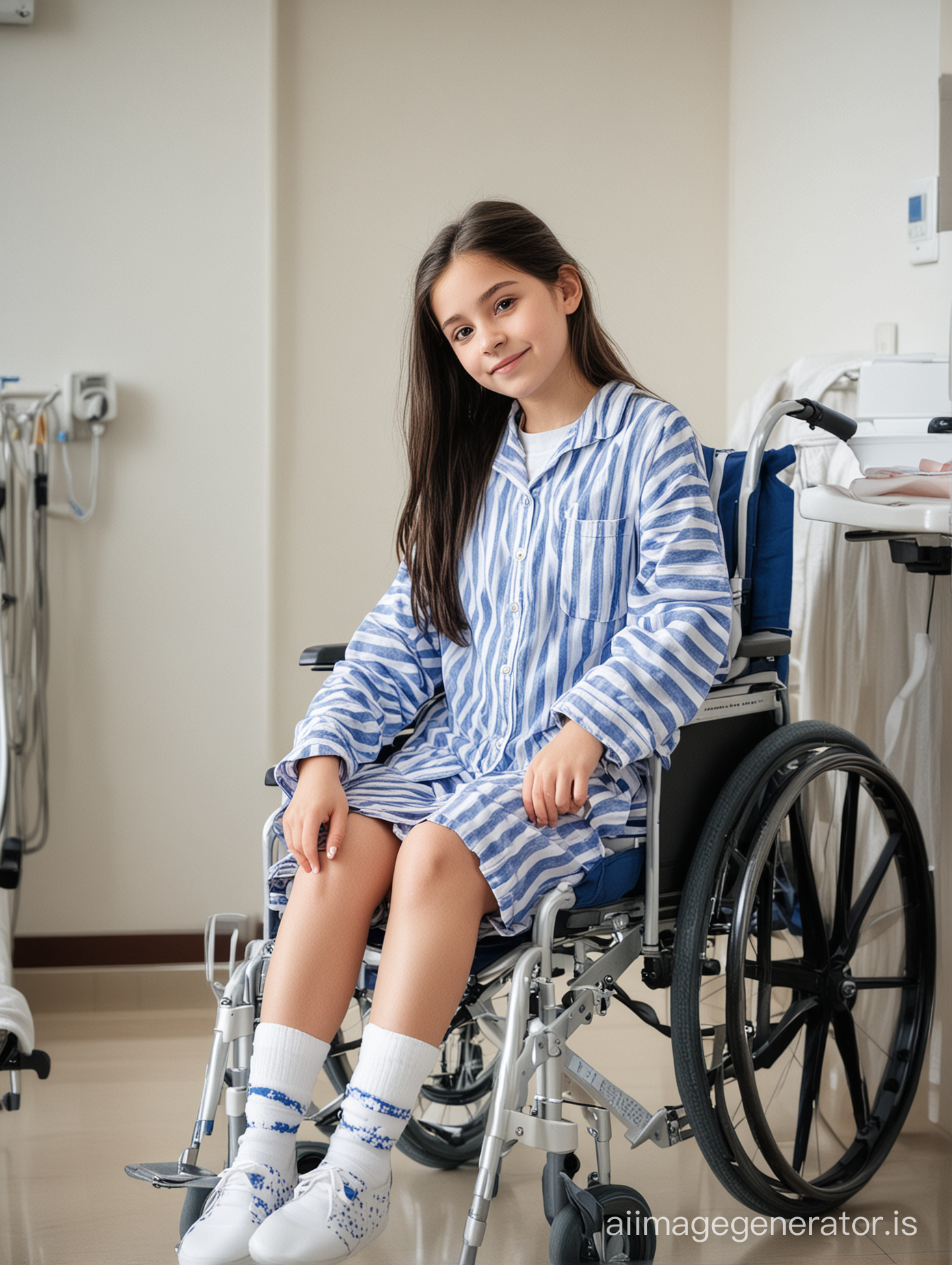 Cute, beautiful, pretty, sweety, glamour, dark hair 12 years old girl wearing blue striped pyjamas and white socks sitting in Wheelchair in hospital room  Full body view