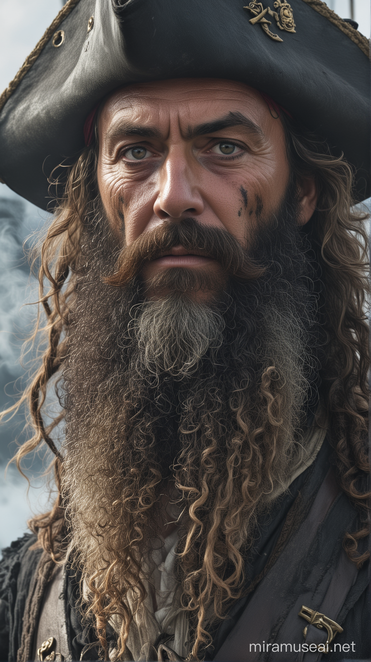 As Blackbeard stands on the deck of the Queen Anne's Revenge, smoke rises from his long, curly beard, enveloping him in a cloud of mist. The harsh lines of his face combine with the determined and menacing expression typical of an experienced pirate. His stern eyes gaze into the distance, as if scanning for enemies.

