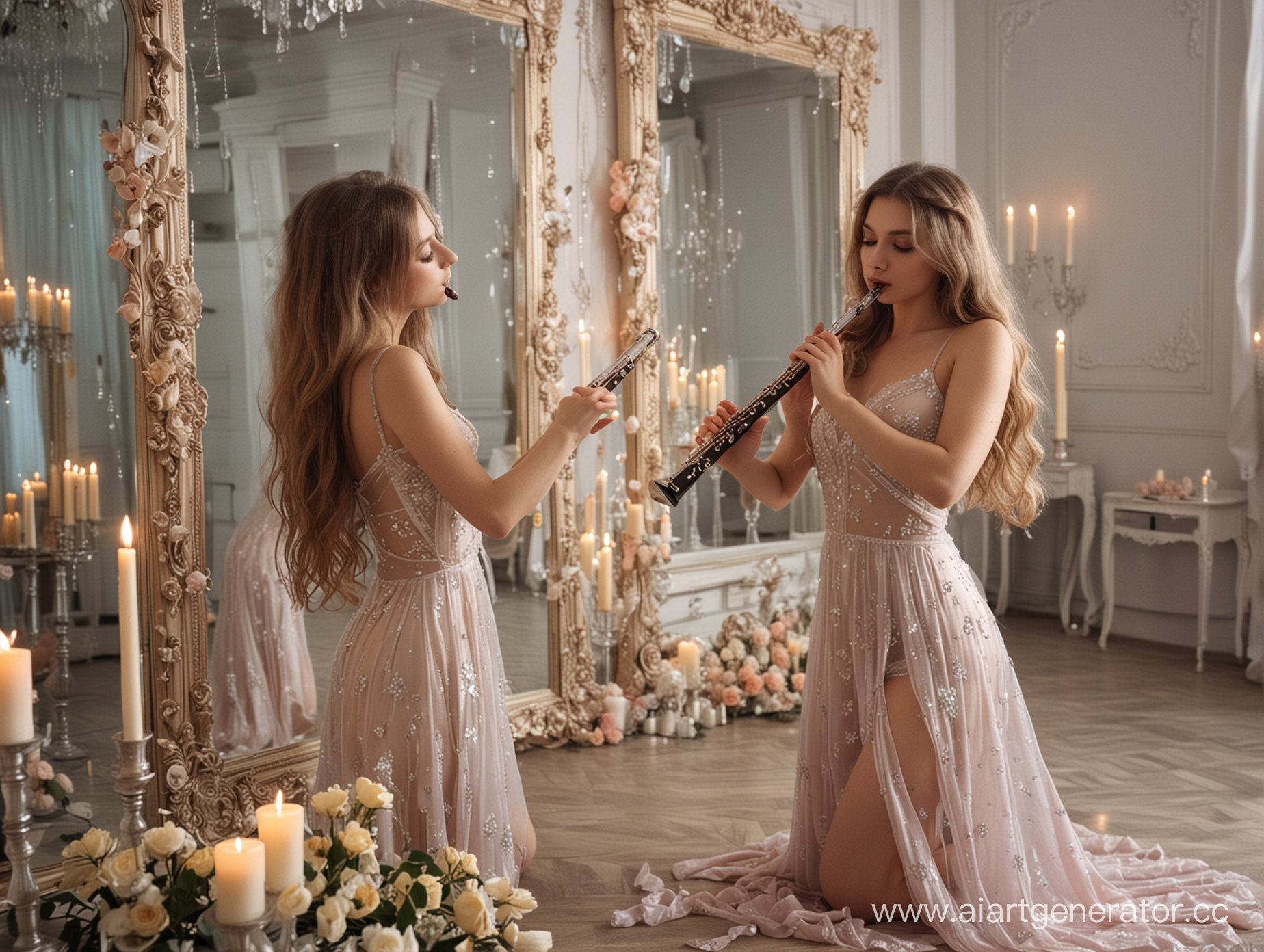 Цветочная комната с зеркалами, свечи, Молодая сексуальная Русская девушка играет на флейте, Бальное полупрозрачное платье, волнистые длинные волосы.