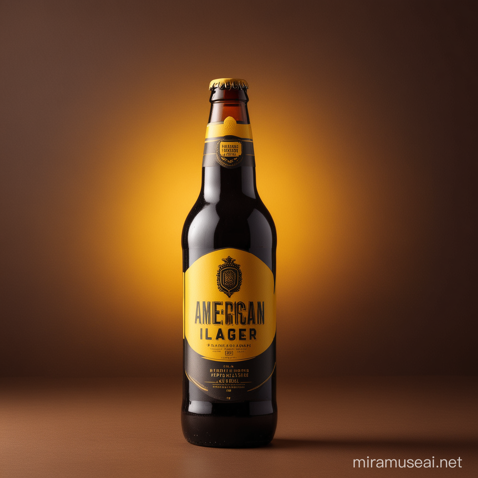 Modern craft brewery in a yellow background with a bottle in the middle of the picture. I want to showcase the beer of the week to customers and stakeholders. The beer style is American Dark Lager and the language is Portuguese. 