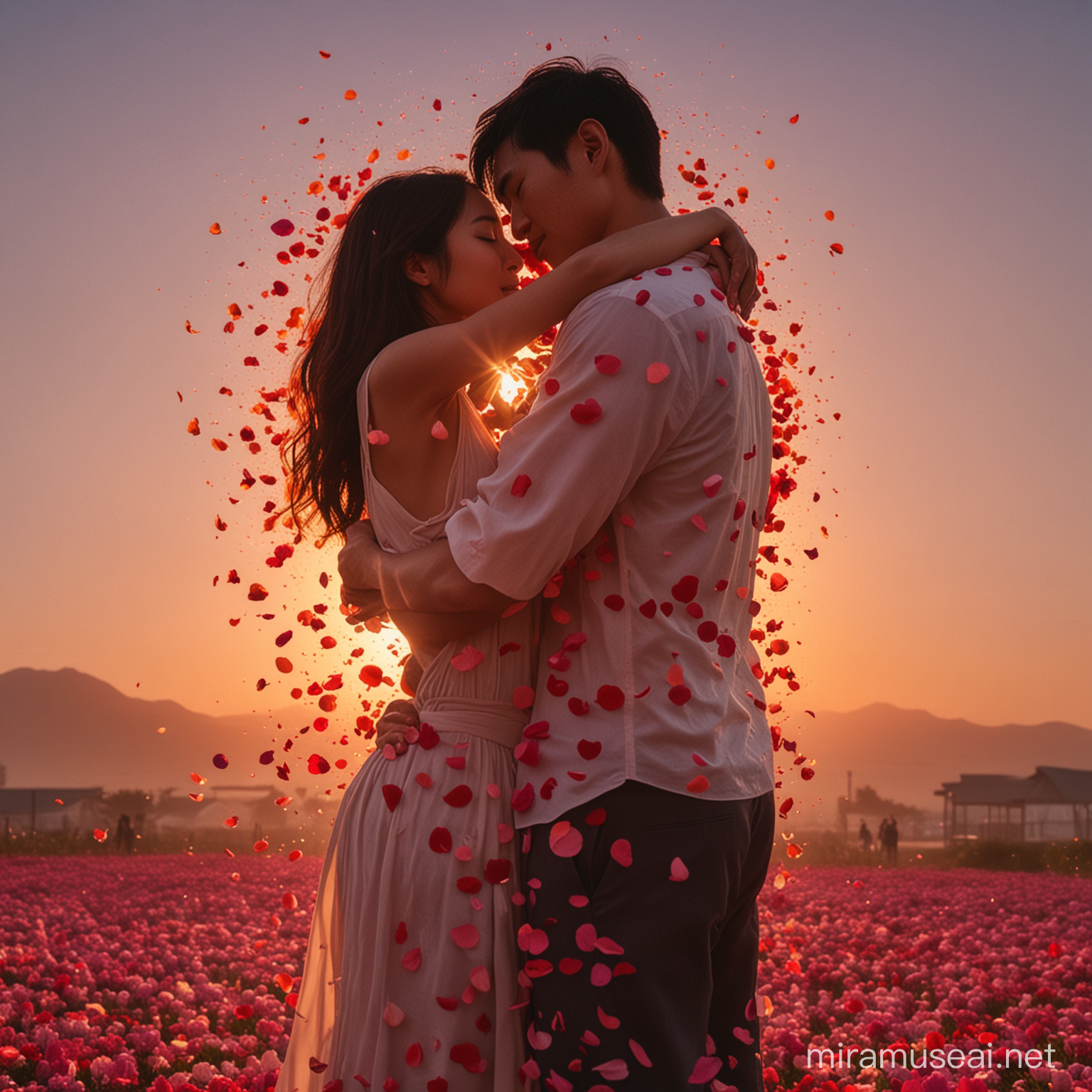 An Asian man totally constructed of only flower petals hugging an Asian girl. He has his back facing the camera. The couple is standing in front of a backlid sunset. The petals slowly lifting off his body, deconstructing into “Hollow man”. Looking like fading away through time. 