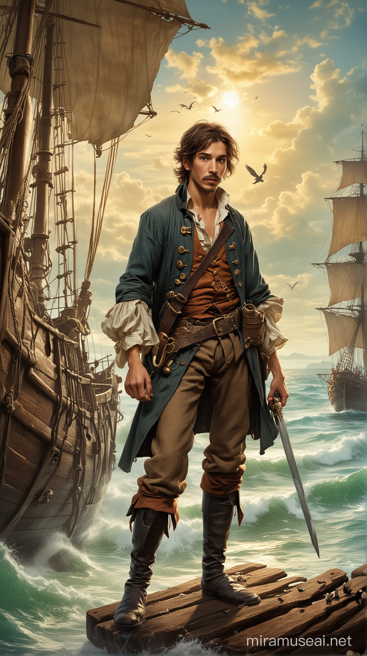 Create a cover image of Robert Louis Stevenson's Treasure Island. Show the old one-legged pirate Long John Silver and the boy Jim Hawkins.