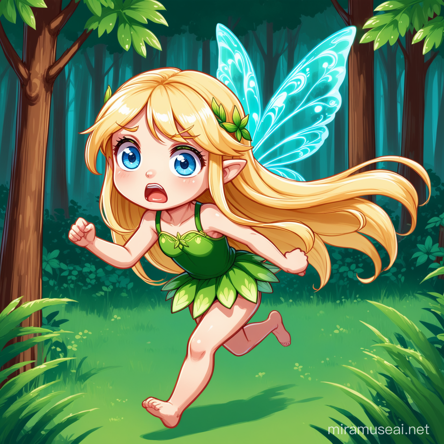 imagine poseable prompts, small forest fairy in cartoon style with long blonde hair and big blue eyes running, worried look,  no background