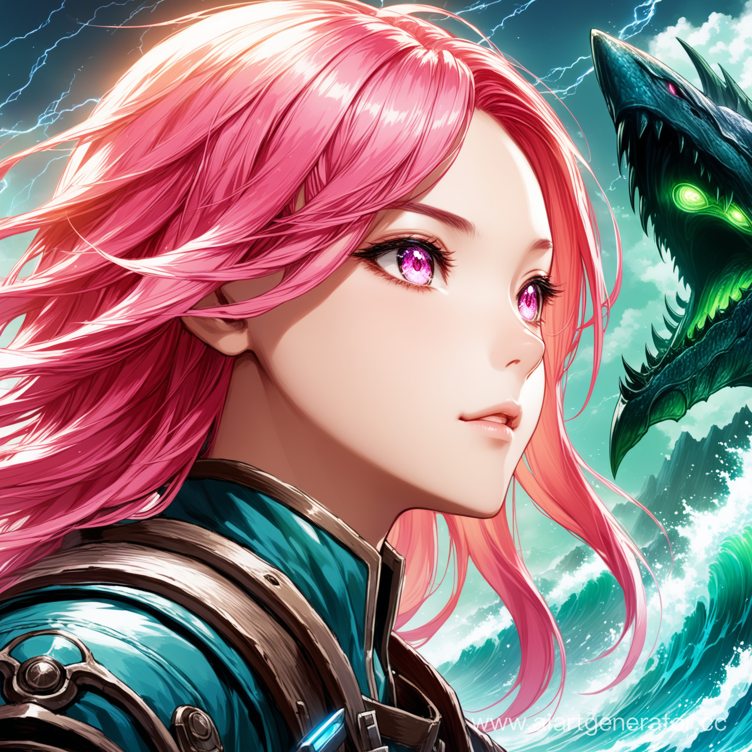 photo of a character from the game "Thunder Waves", Taoqi songronage, pink hair, very detailed face, detailed eyes, portrait, head turned sideways, gaze directed into the distance, detailed clothing, detailed environment, non-contrasting color, clear image, anime-style fantasy MMORPG, battle with alien creatures