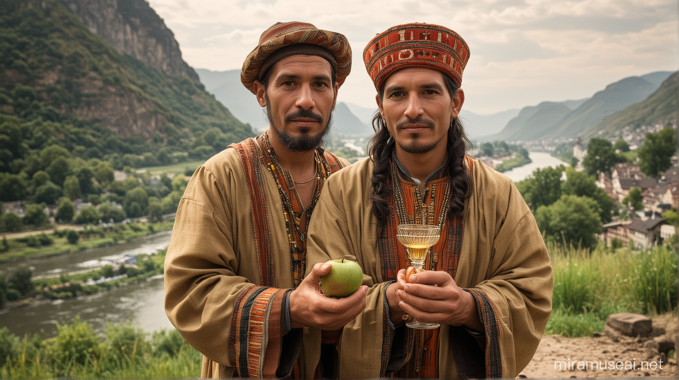 Am Rheinstrand steht ein Inka-Priester. In der Hand hält er ein geripptes Apfelweinglas aus Frankfrut
