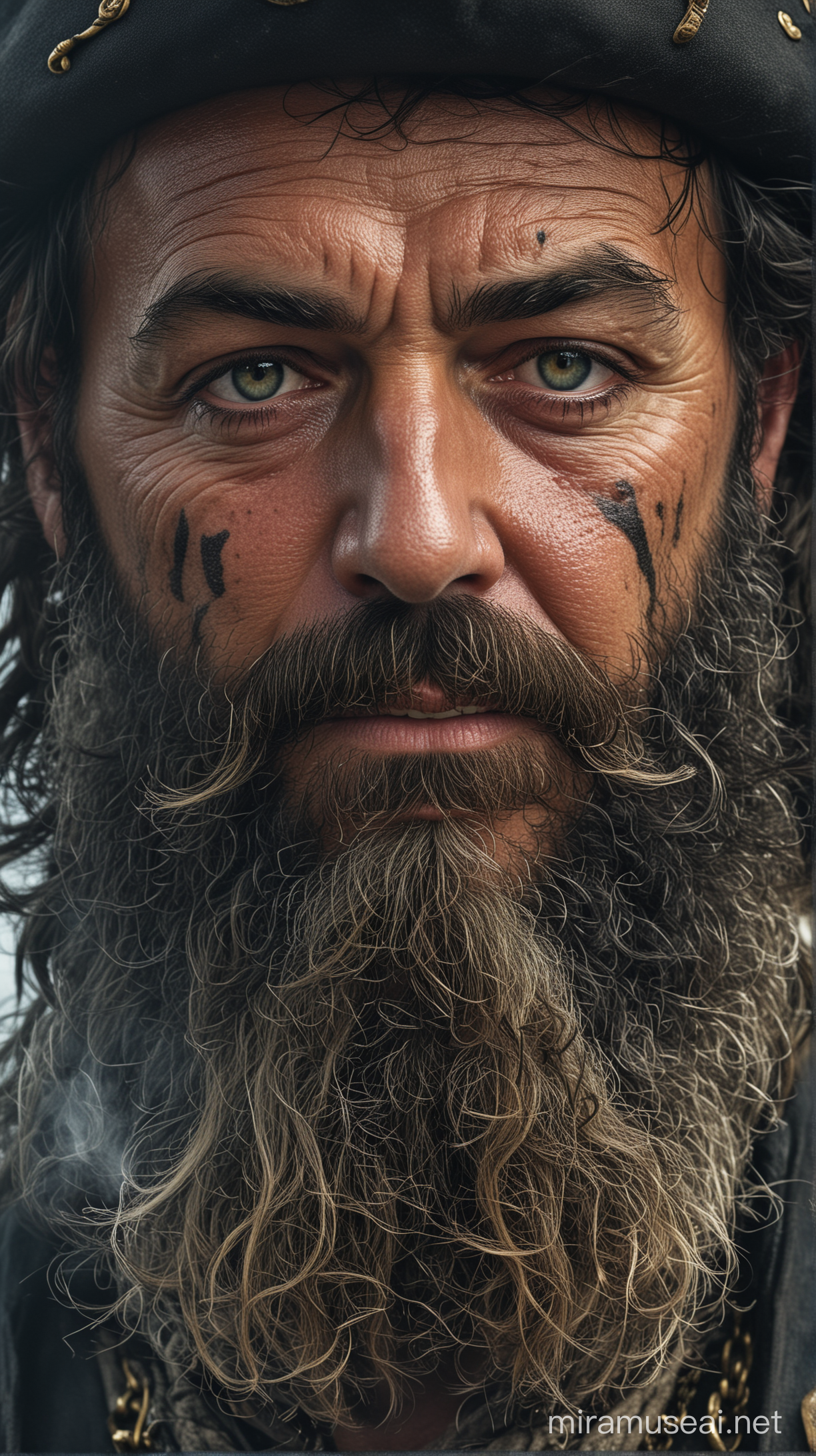 A close-up portrait of Blackbeard highlights the intricate details of his appearance. The smoke rising from his beard accentuates the rugged lines of his face. His eyes convey a sense of determination and danger that sends shivers down the spine of anyone who meets his gaze.

