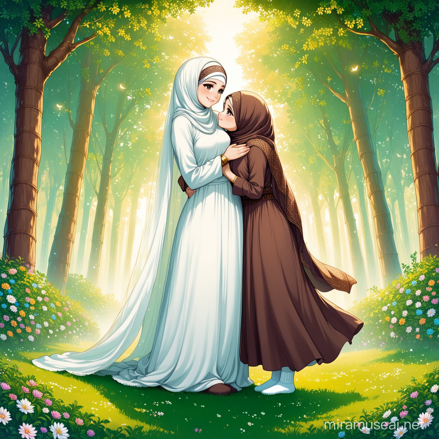 Character Persian girl(full height, Muslim, with emphasis no hair out of veil(Hijab), smaller eyes, bigger nose, white skin, cute, smiling, wearing socks, clothes full of Persian designs) is kissing on the hand of father(not Muslim nor Arab, without head cover nor hat).

Atmosphere forest, grass flowers, etc...