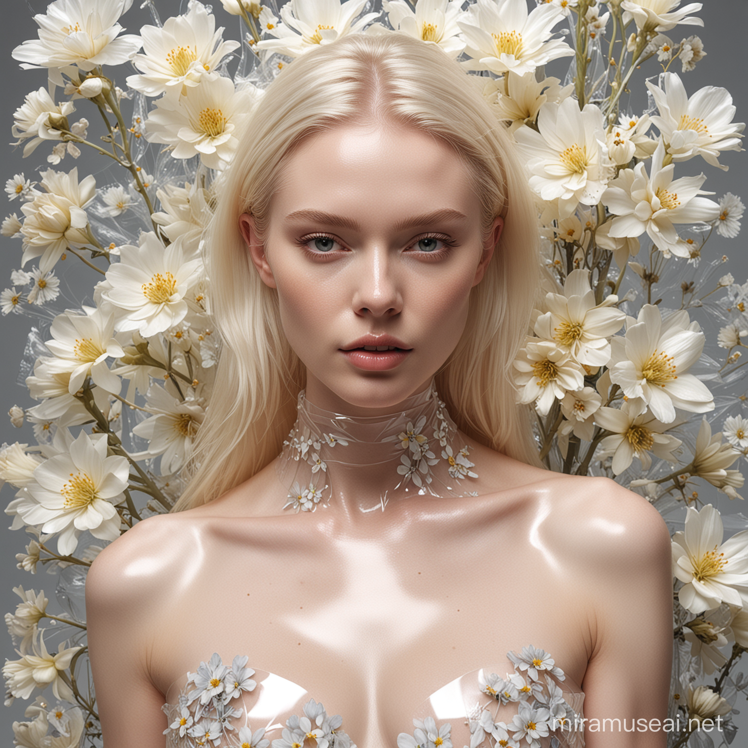  audrey hepborn,Hyper-realistic photo of a professional model with pale skin posing for a fashion photoshoot. She is entirely wrapped in transparent film, with tons of flowers under the film covering her skin. The shot is a mid-body shot.