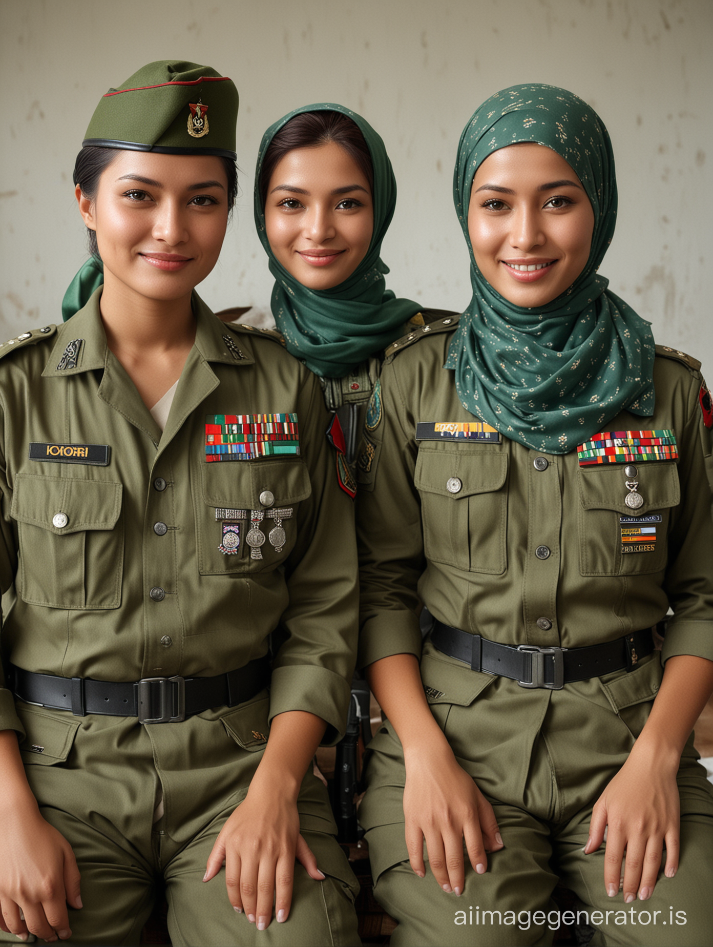 Photo of a happy family of Indonesian soldiers, a 55 year old man with a clean face, with the rank of general, a 30 year old female soldier wearing a hijab, with the rank of captain, with a bullet belt scarf around his body, 1 17 year old teenage boy with an AK-47, wearing a hat  commando, and two female soldiers aged 21 and 25, beautiful faces with short hair.  They all wore green army uniforms and camouflage motifs, matching the combination, looking very dignified, posing sitting on the living room sofa, with a luxurious living room background, bright colors, home interior decorated with a military atmosphere, photo displays, displays of various types of weapons  , low-lighting, detailed, ultra HD, 8k, realistic, ((Top Quality, 8K, Masterpiece: 1.3)), (high detail: 1 in 1), (Focus on face and uniforms),buttocks: 1.2, (Perfect Body Beauty: 1.4), best quality, masterpiece:1.2).
