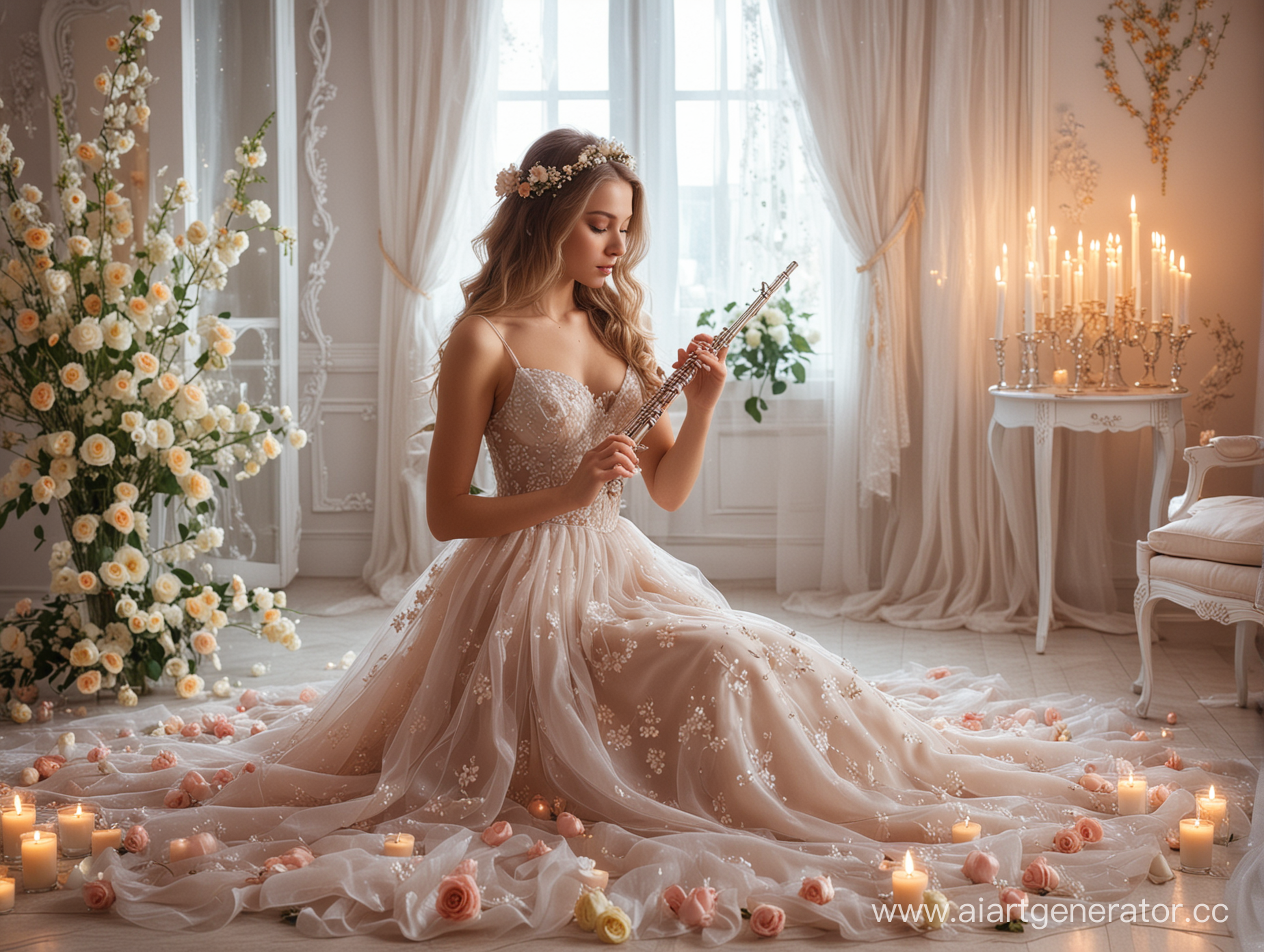 Цветочная комната, свечи, Молодая сексуальная Русская девушка играет на флейте, Бальное полупрозрачное платье, волнистые длинные волосы.