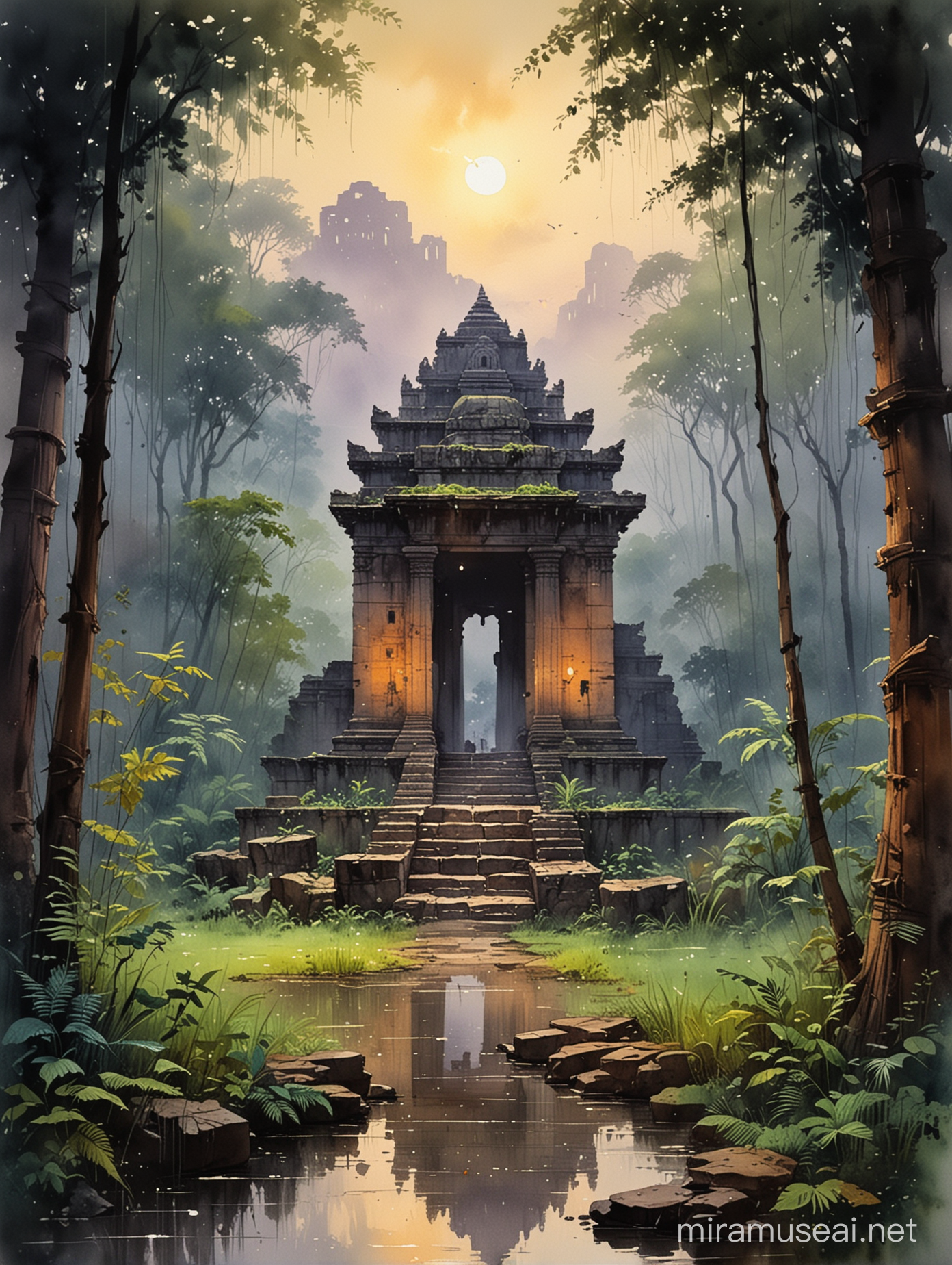 Mysterious Dusk Indian Jungle Aquarelle Painting with Ancient Temple Ruins