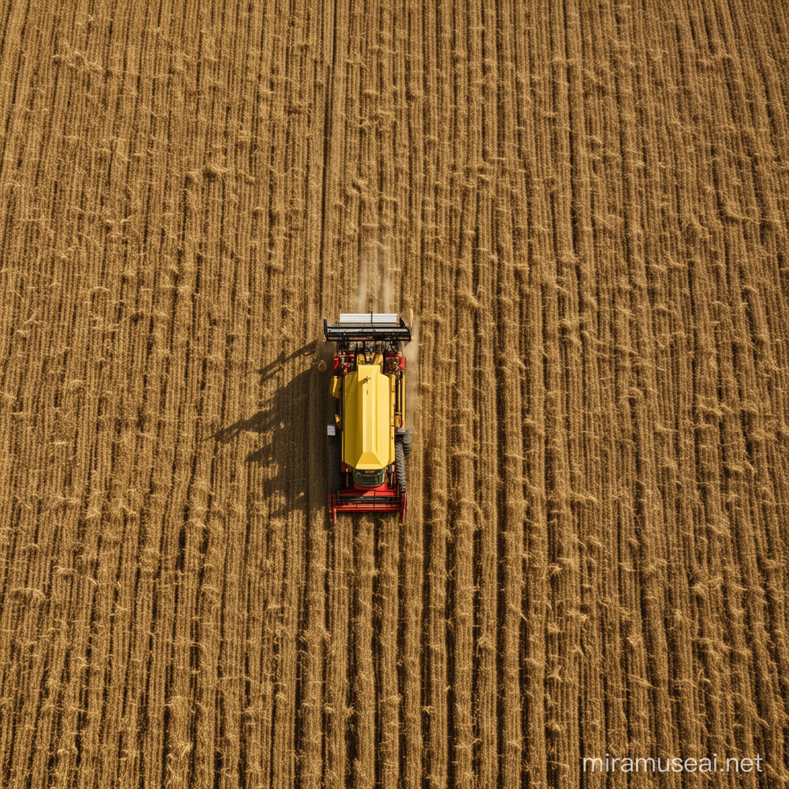 From the expansive vantage point of the sky, the aerial view captures the impressive sight of a combined harvester in action, traversing a vast cornfield with precision and efficiency. The golden waves of cornstalks stretch endlessly across the landscape, creating a mesmerizing pattern that unfolds beneath the behemoth machine.

The combined harvester, a marvel of modern agricultural technology, moves methodically through the field, its mechanical arms extending and retracting as it gathers the ripe corn with remarkable speed and precision. The rhythmic hum of its engines fills the air, blending harmoniously with the rustling of the cornstalks as they sway in the breeze.

As the harvester progresses, rows of neatly trimmed cornstalks are left in its wake, a testament to the machine's efficiency and effectiveness in maximizing yield. From this aerial perspective, the sheer scale of the operation is awe-inspiring, underscoring the significance of agriculture in sustaining our communities and economies.

Against the backdrop of the sprawling cornfield, the combined harvester stands as a symbol of human ingenuity and innovation, harnessing the power of technology to feed and nourish the world. In this moment captured from above, the beauty and complexity of the agricultural landscape unfold in a mesmerizing tapestry of color, motion, and productivity.