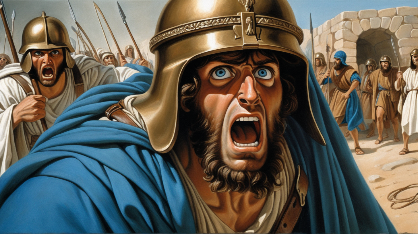 epoque biblique, un soldat hébreu vue de face, effrayé par ce qu'il voit, il a un casque en bronze, et un habit bleu et blanc, il a un mouvement de recul car il a peur