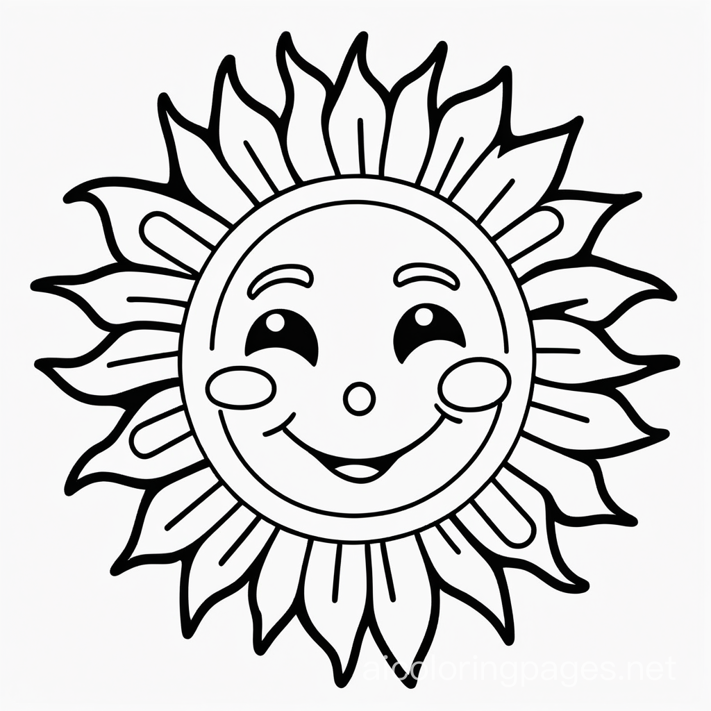 happy smiling sun, Coloring Page, black and white, line art, white background, Simplicity, Ample White Space. The background of the coloring page is plain white to make it easy for young children to color within the lines. The outlines of all the subjects are easy to distinguish, making it simple for kids to color without too much difficulty