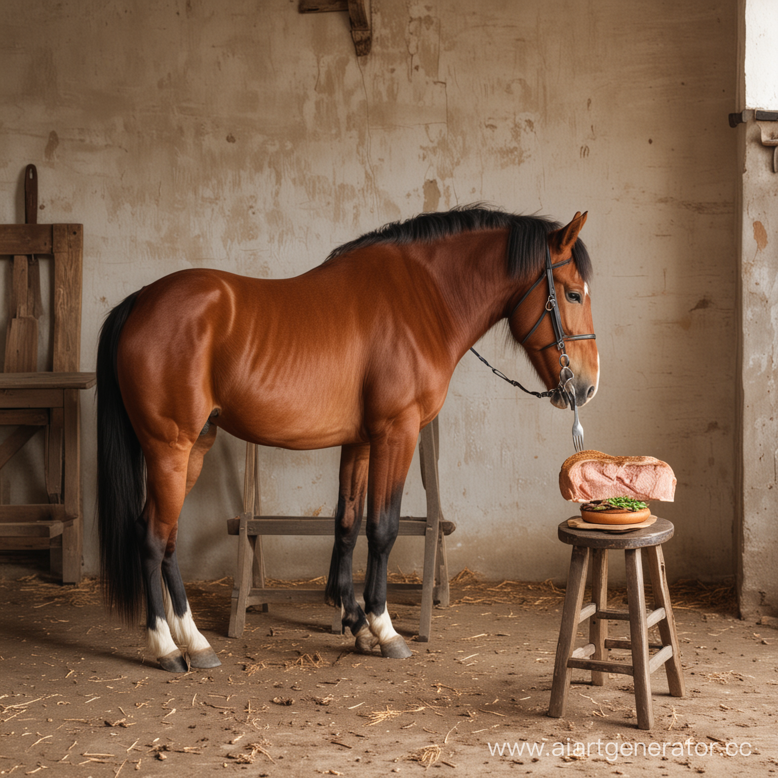 A horse sits on a stool and eats a huge cutlet with a fork