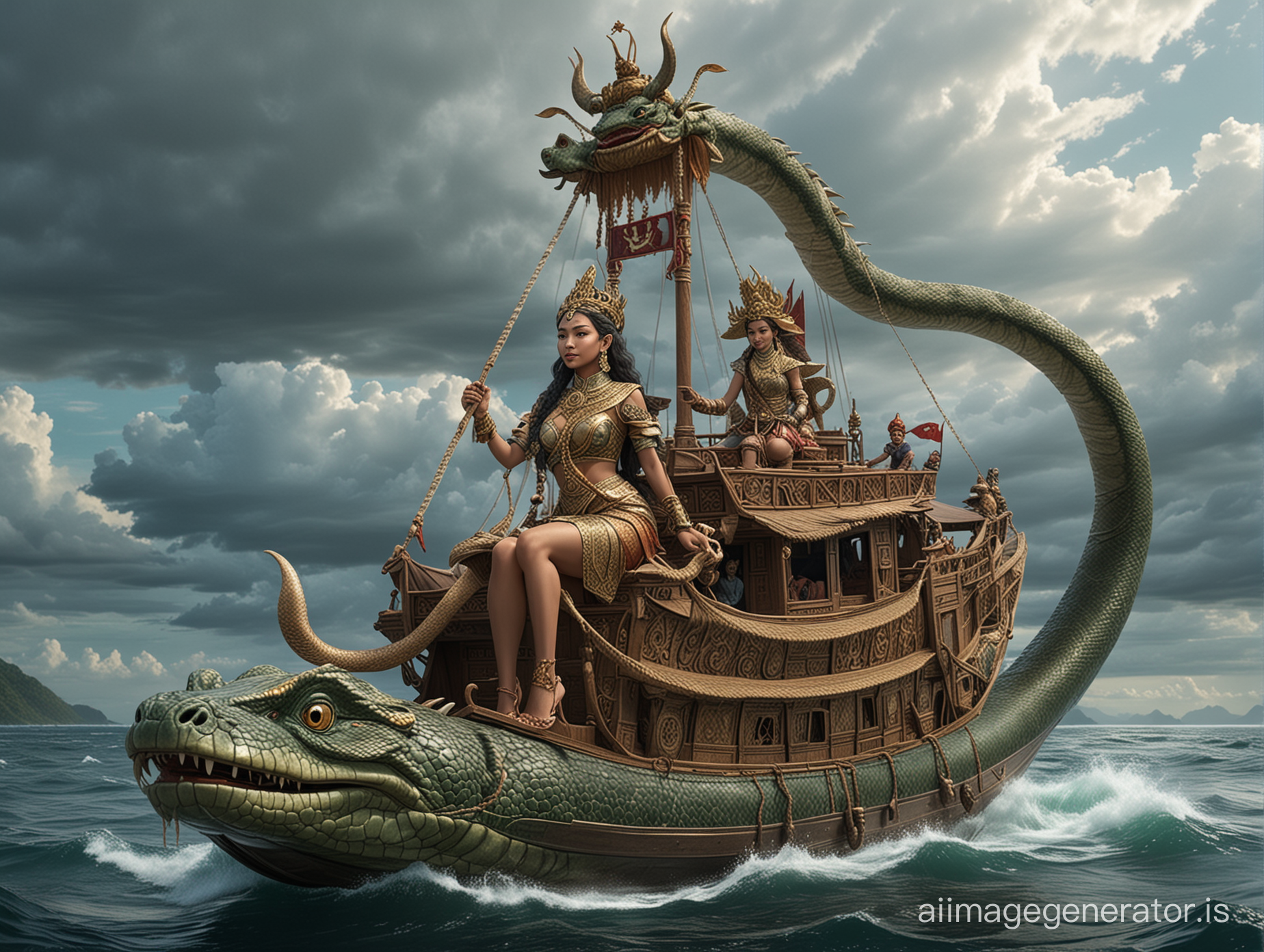 The character of Queen Nyai Roro Kidul Indonesia, in the middle of the beautiful ocean, Queen Nyai Roro Kidol rides a boat, on top of the queen's head is a very large snake