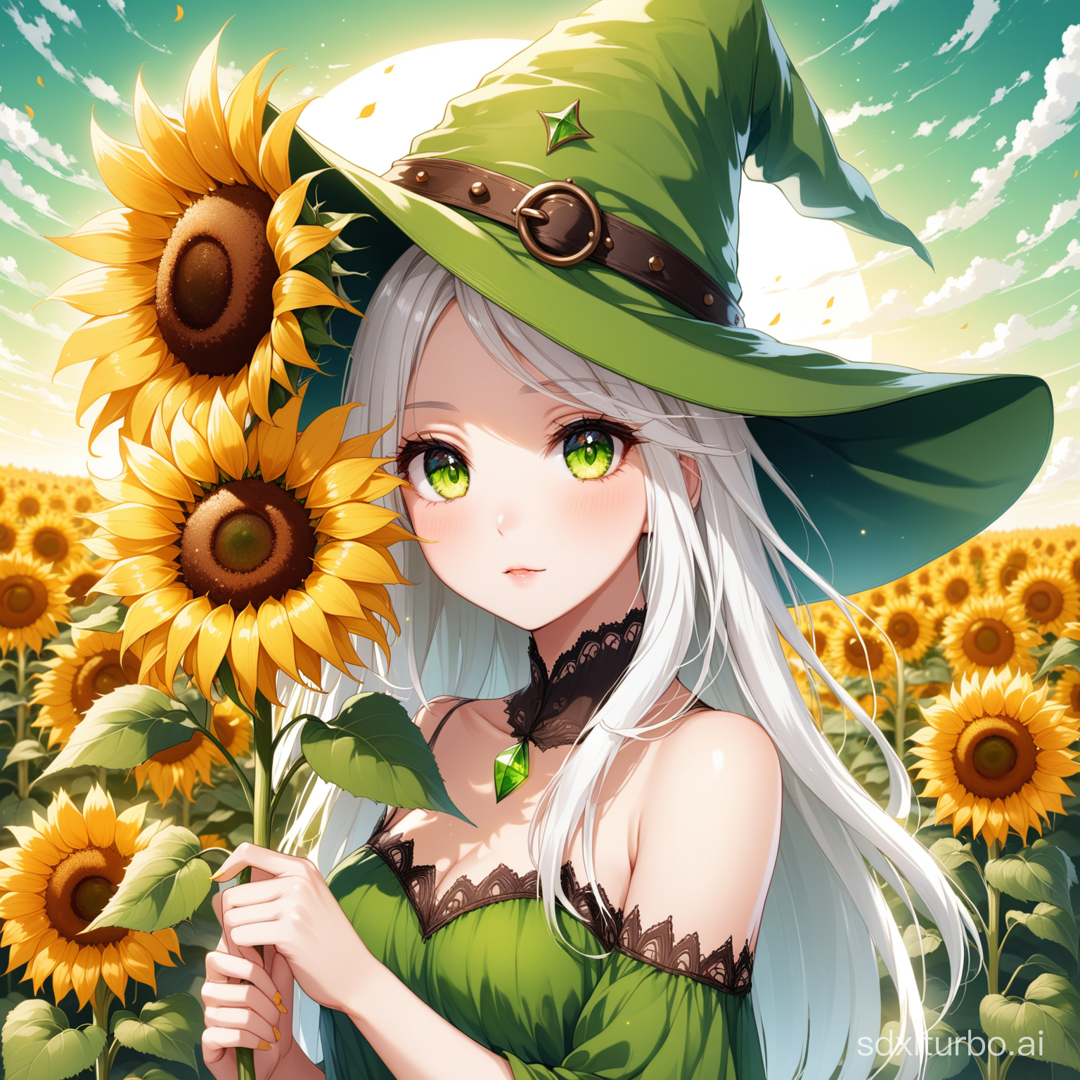 beautiful girl with green witch hat white hair and captivating hazel eyes holding a sunflower